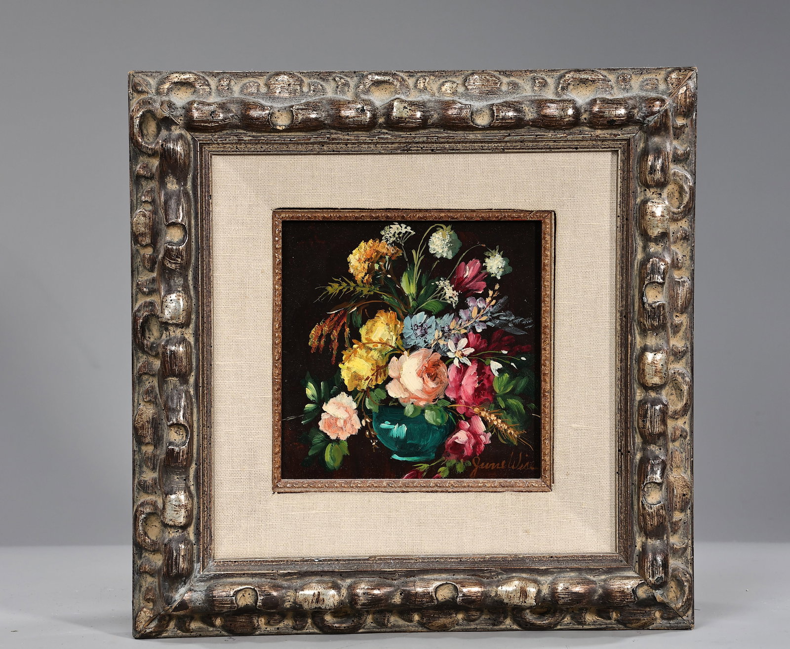 Still Life Of Flowers Small Oil Painting By June.Wise: Still Life Of Flowers Small Oil Painting By June.Wise (25 x 25 x 5 cm)