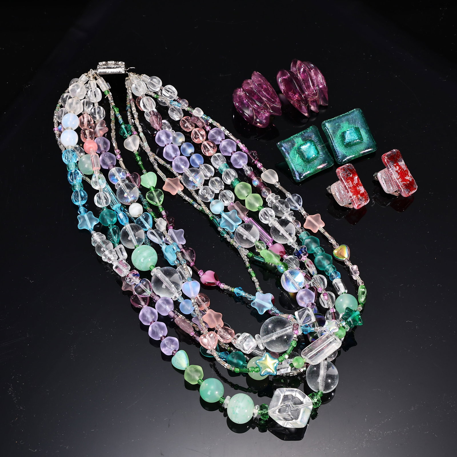 Multi-strand Pestel Crystal Glass Bead Necklace And Dichroic Clip-on Earrings: Multi-strand Pestel Crystal Glass Bead Necklace And Dichroic Clip-on Earrings (Total length: 48 cm, earring: 3.5 x 2.5 each more or less)