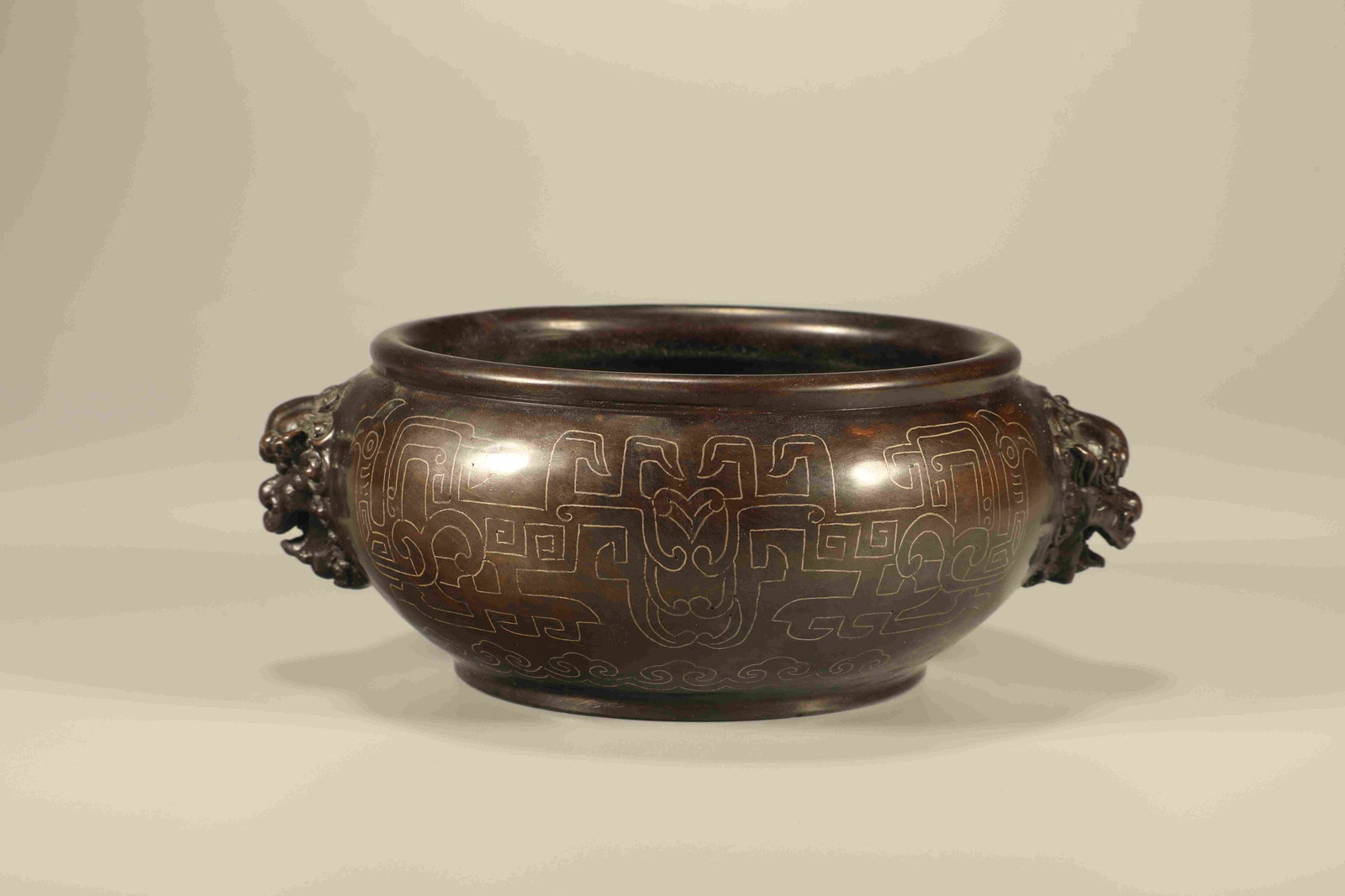 Bronze Inlaid Silver Carved Bird Pattern Double Lion Ears Incense Burner (1 of 6)