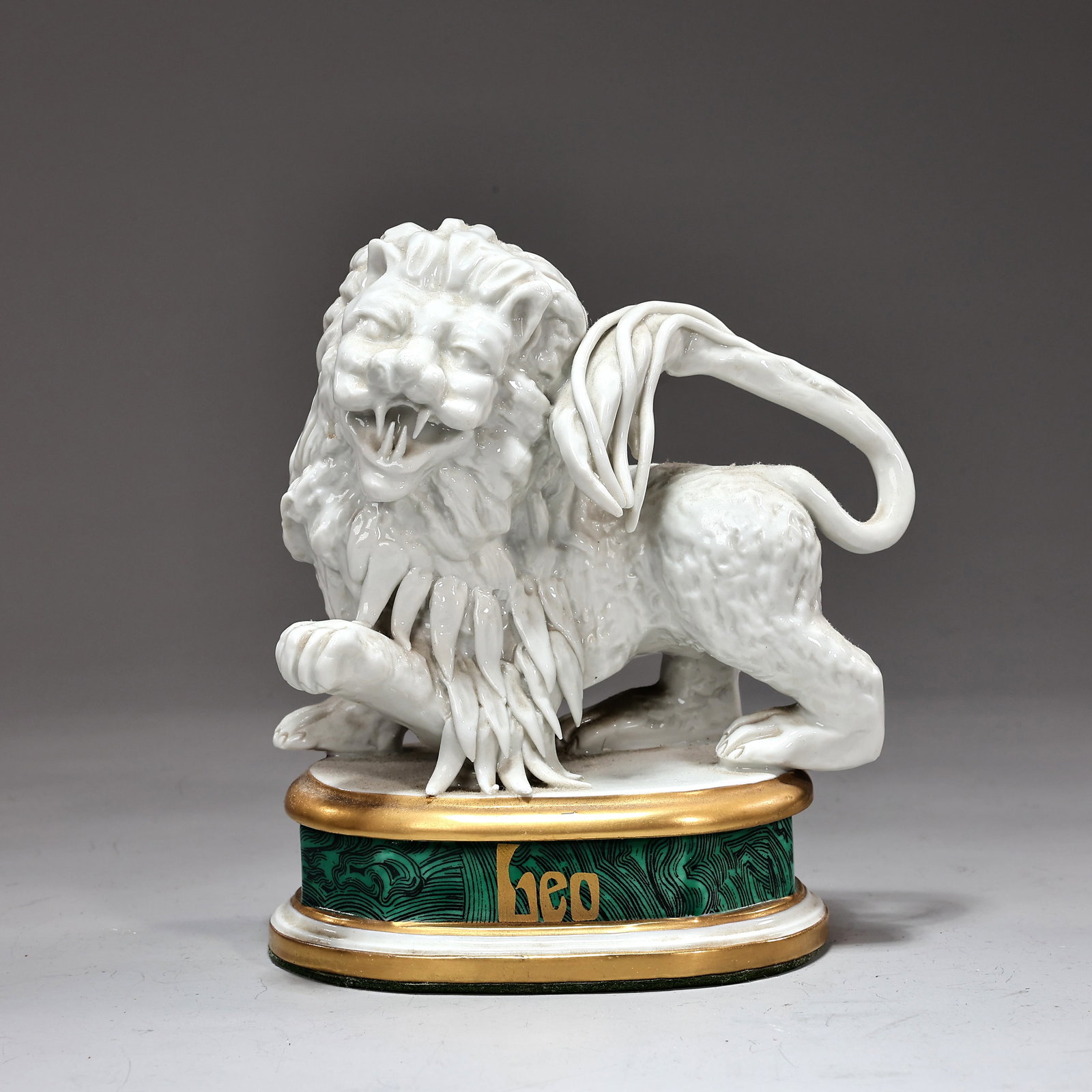 Blanc De Chine Porcelain Leo Lion on Painted Malachite Base by Mangami Italy 1960s: Blanc De Chine Porcelain Leo Lion on Painted Malachite Base by Mangami Italy 1960s (16 x 14 x 9 cm)
