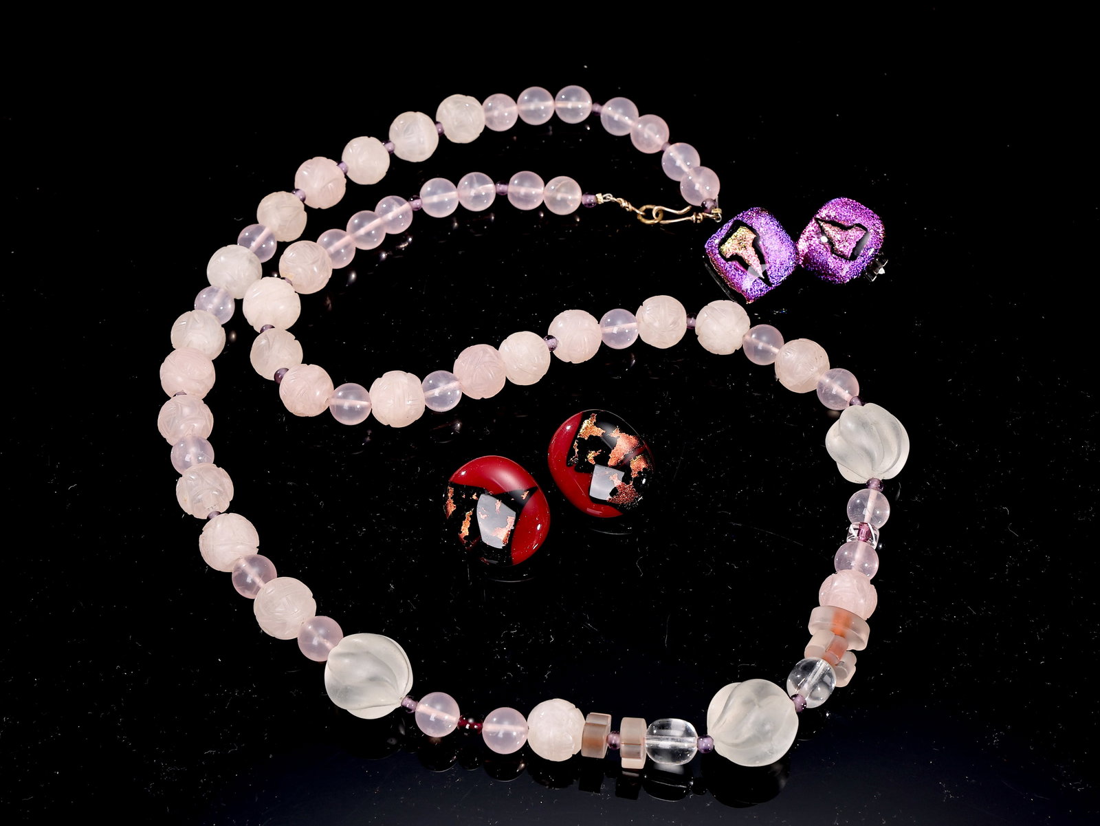 Rose Quartz Carved Beads Long Necklace And Dichroic Glass Earrings: Rose Quartz Carved Beads Long Necklace And Dichroic Glass Earrings (Total length: 78 cm, earring: 2 x 2 cm each more or less)