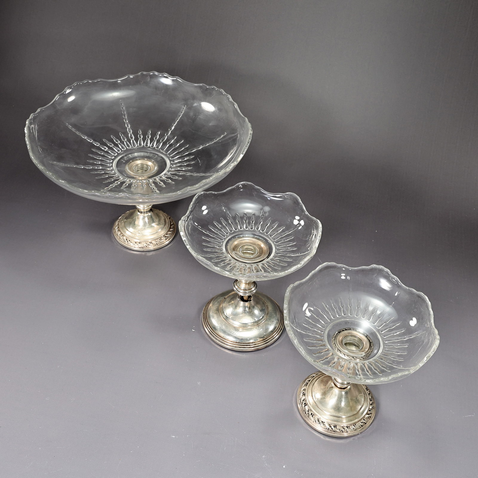 Sterling Silver Glass Compote Bowl Candy Dish Set Of 3 - 7