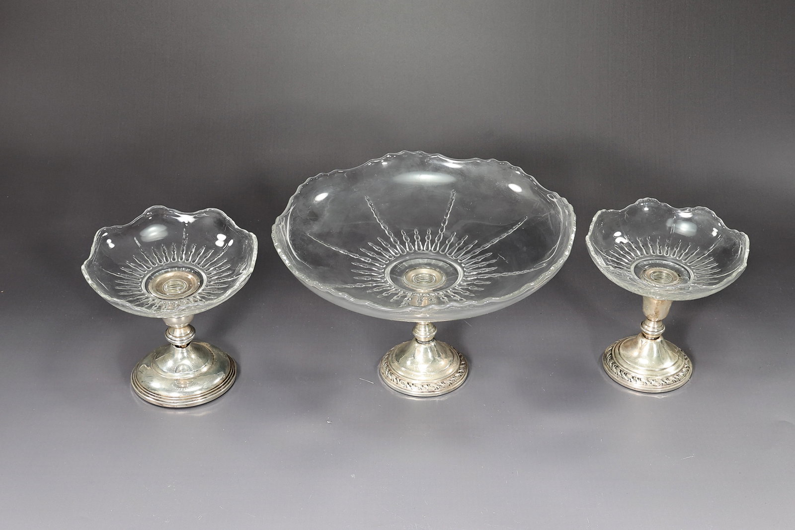 Sterling Silver Glass Compote Bowl Candy Dish Set Of 3 - 9