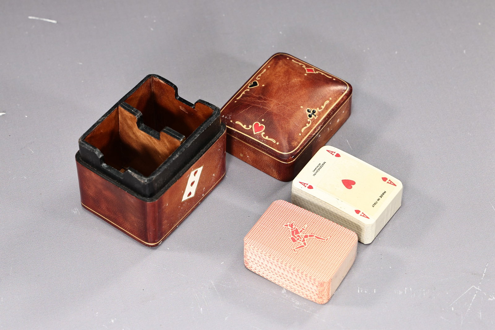 Italian Leather Travel Set Miniature Playing Cards Box - 3
