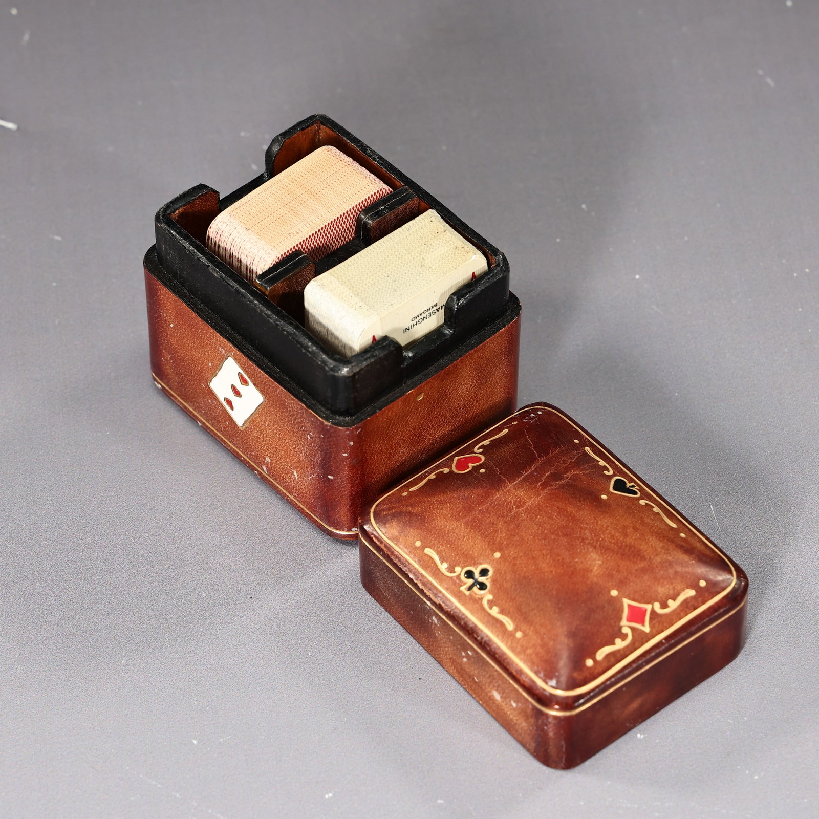Italian Leather Travel Set Miniature Playing Cards Box - 6