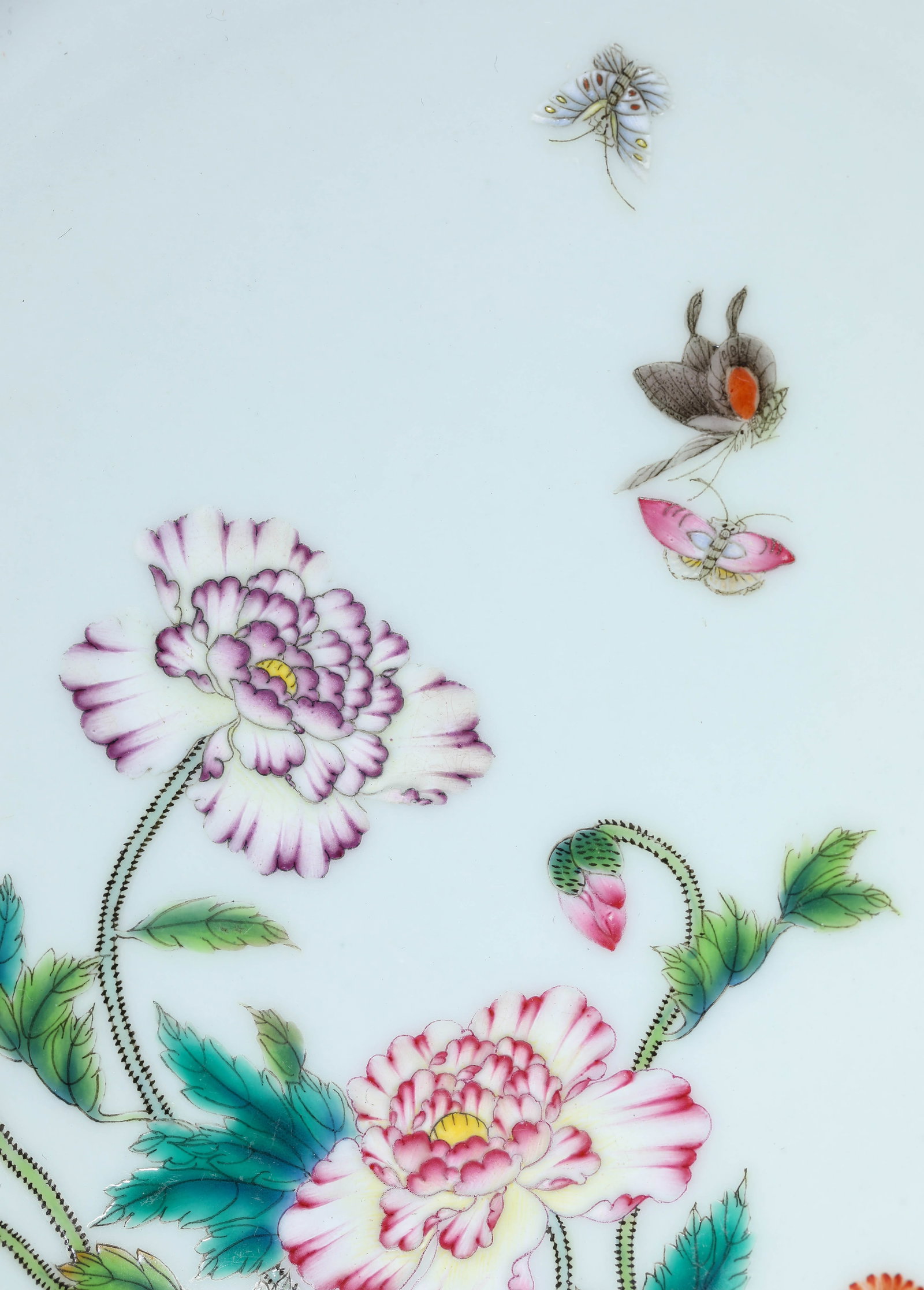 A CORAL-RED-GROUND FAMILLE-ROSE ‘BUTTERFLIES AMONG FLOWERS’ DISH - 2