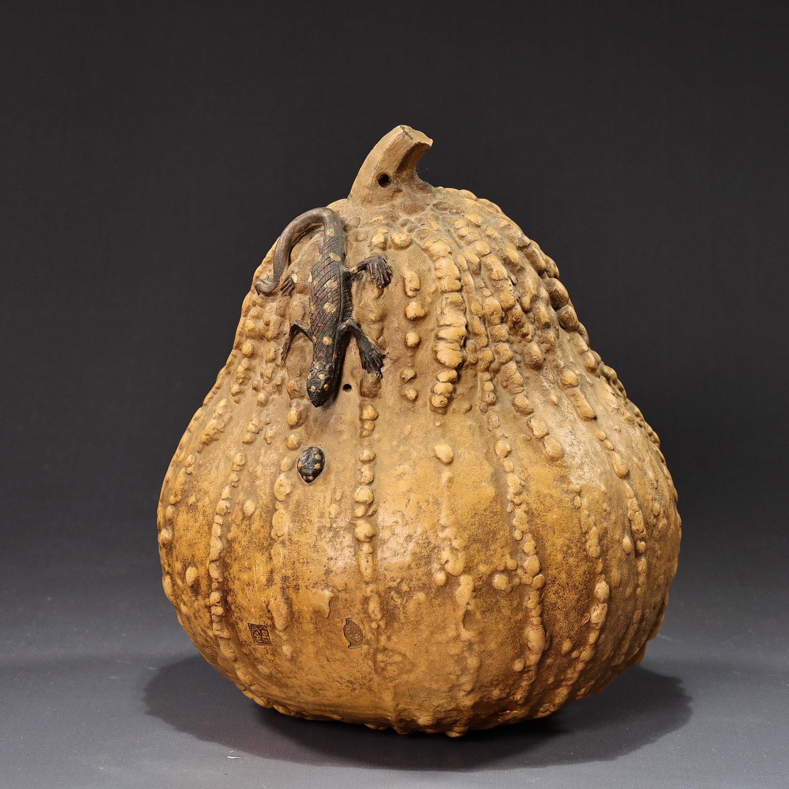 Two Ceramic Pumpkin And Lizard Carving Sculpture With Artist Mark - 2