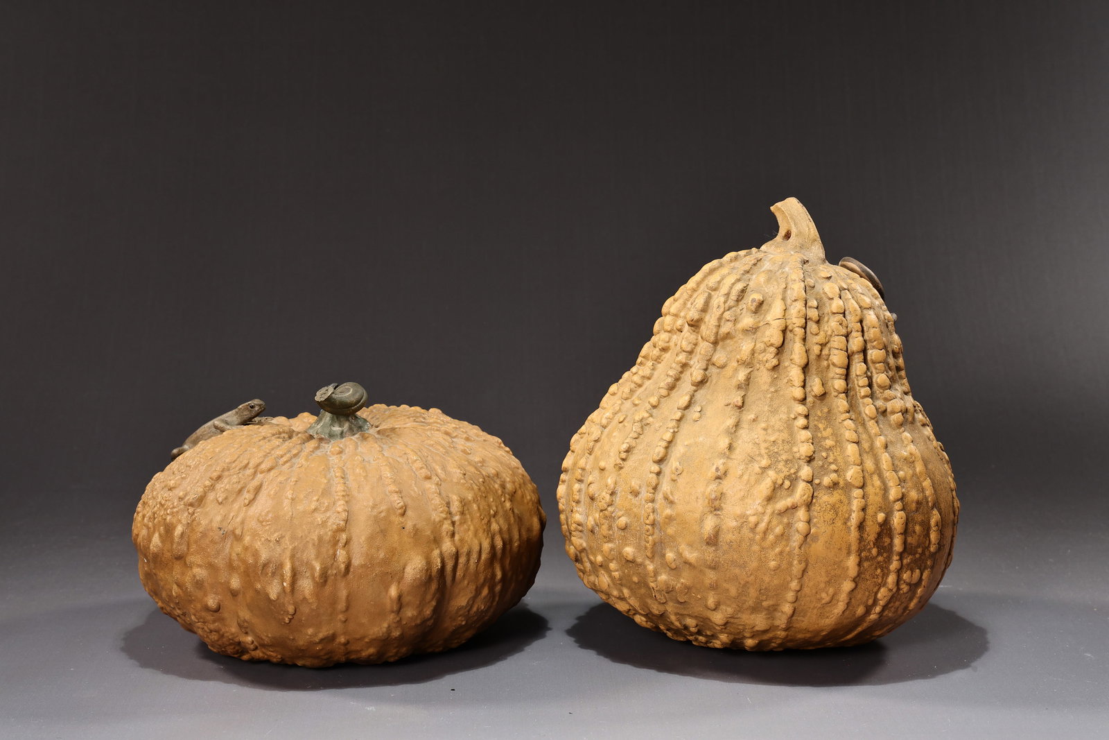 Two Ceramic Pumpkin And Lizard Carving Sculpture With Artist Mark - 4