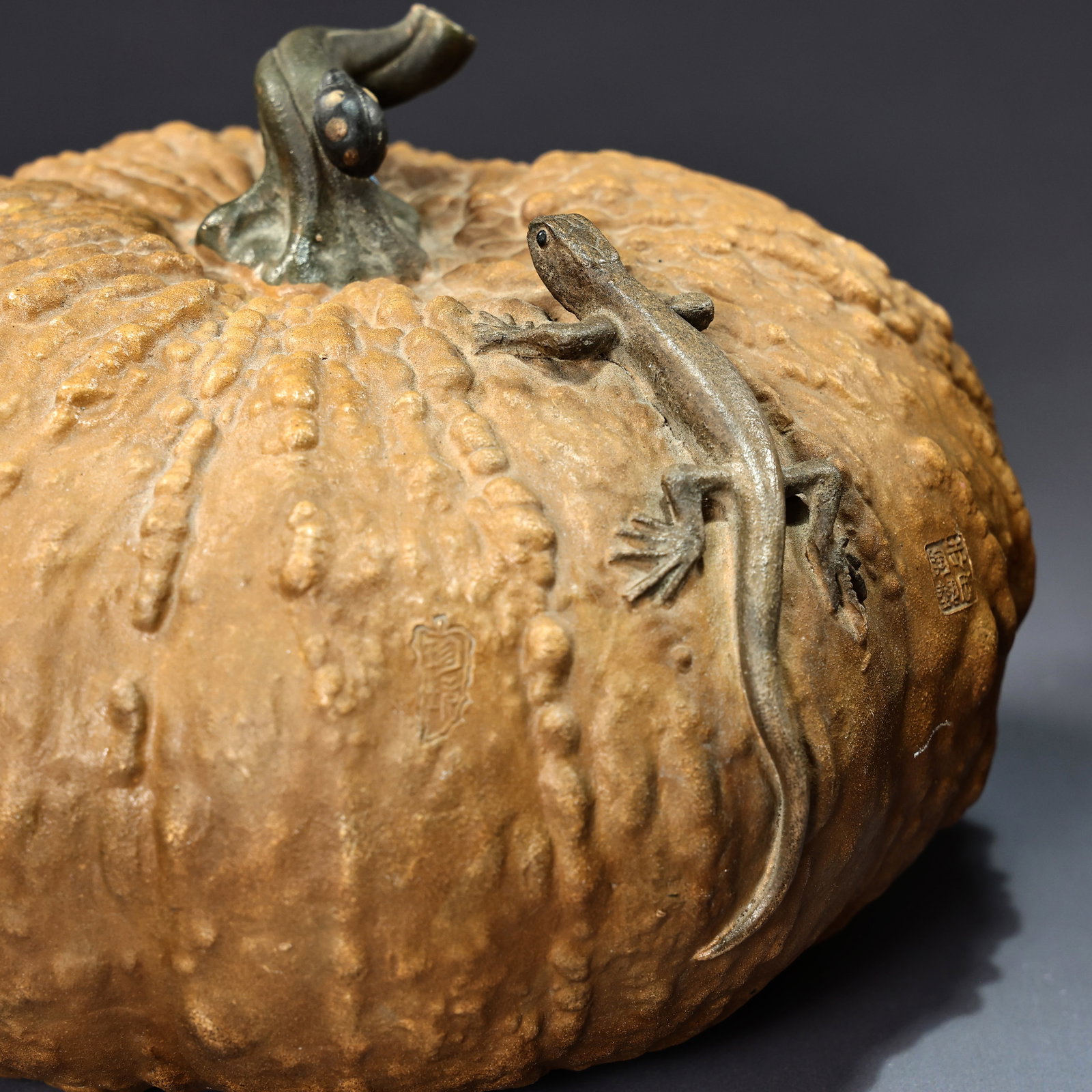 Two Ceramic Pumpkin And Lizard Carving Sculpture With Artist Mark - 6