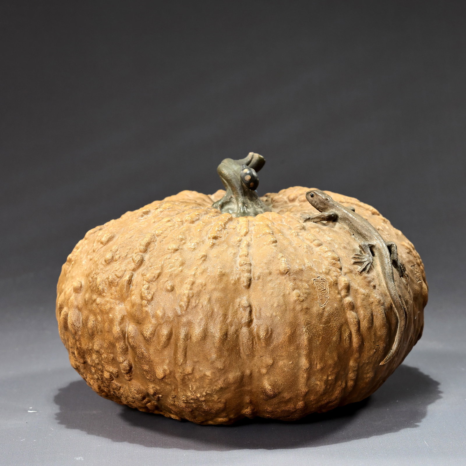 Two Ceramic Pumpkin And Lizard Carving Sculpture With Artist Mark - 7