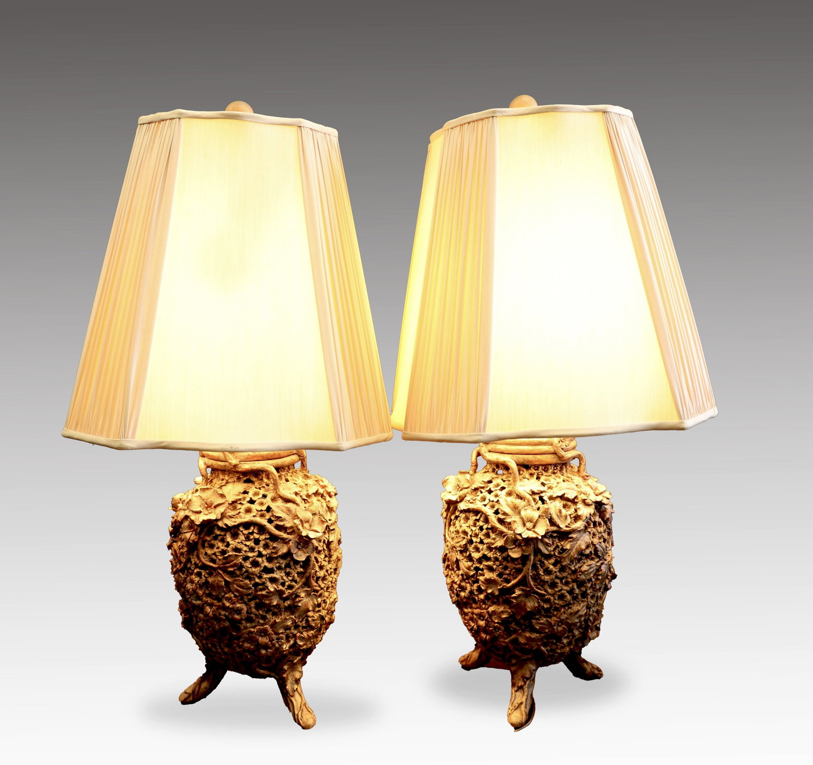 Pair Of Leaf Flower Carved Table Lamps (1 of 6)