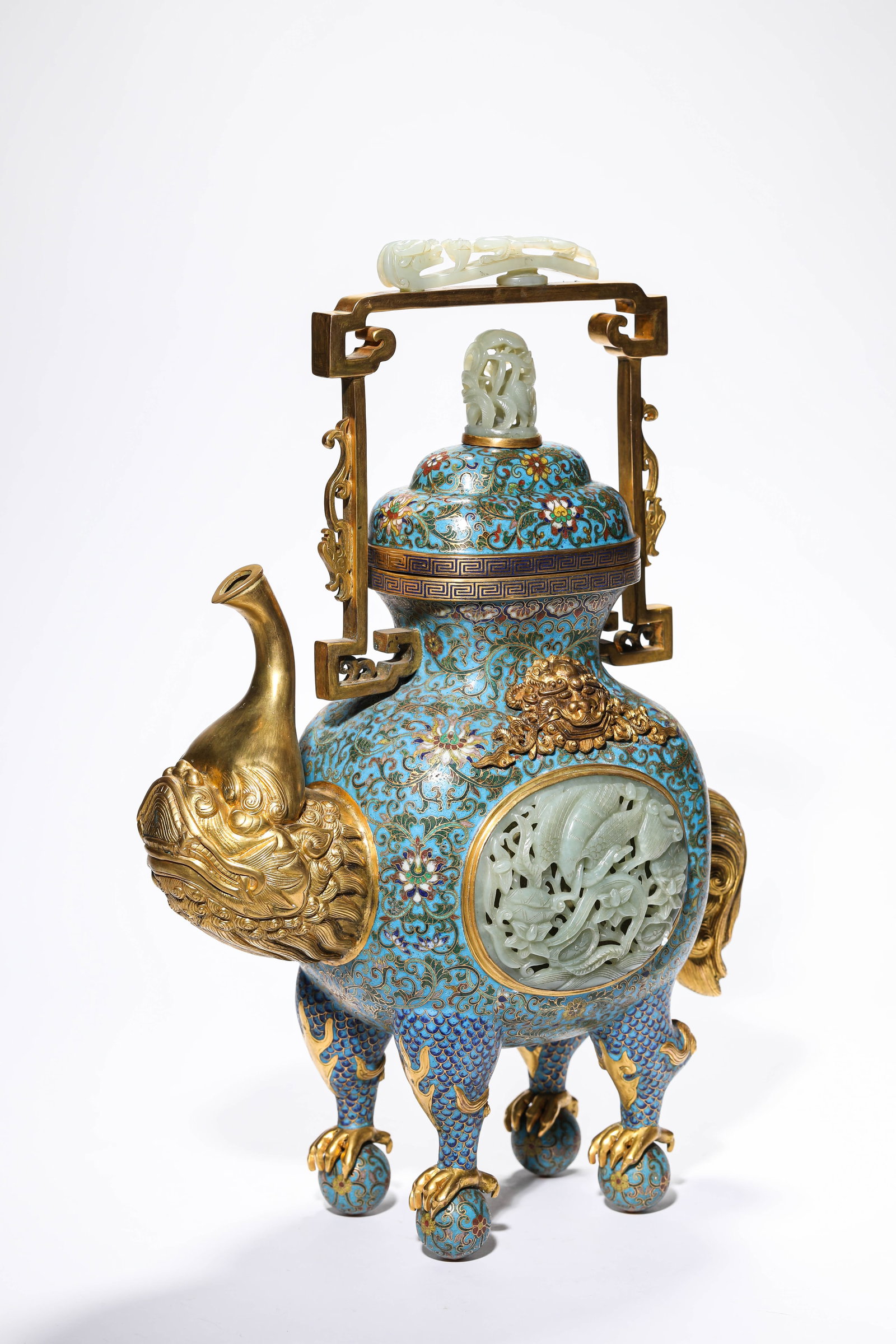 A CLOISONNé ENAMEL AND JADE-INLAID ‘FLORAL’ POT - 5