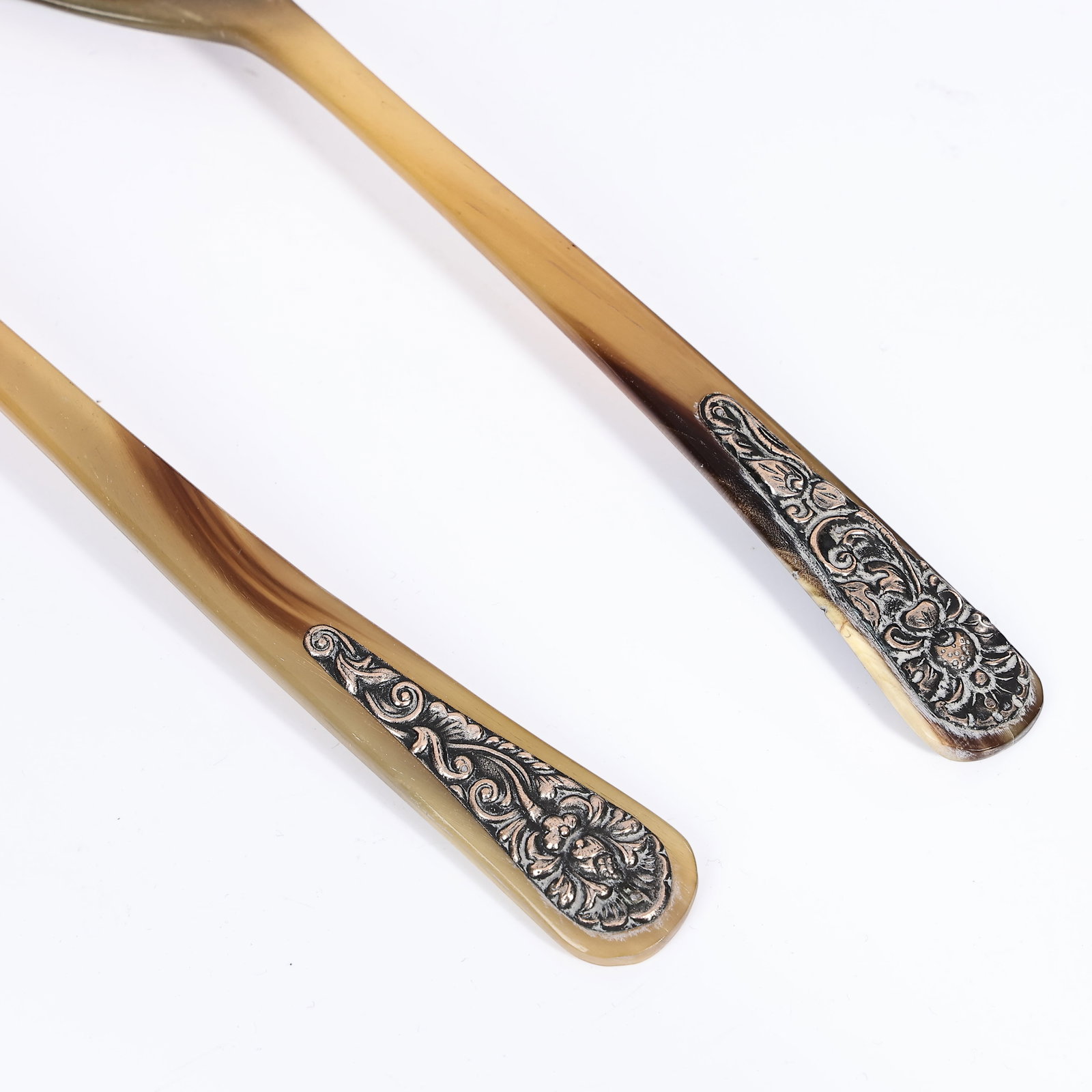 Pair Of Horn Serving Spoon And Fork With Sterling Silver Detail - 2