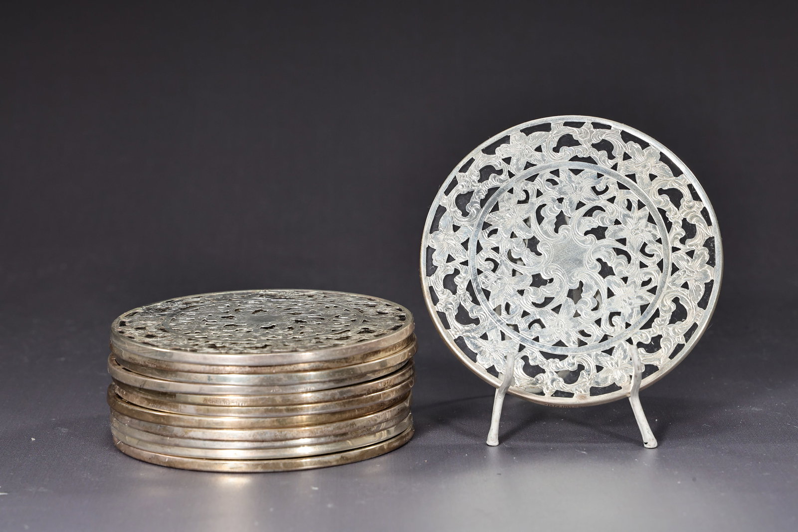 Sterling Silver Art Nouveau Filigree Overlay Trivets Coaster Set Of 12 - 4