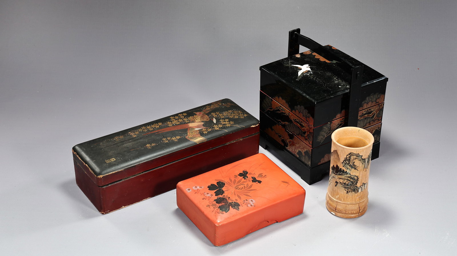 Collection Of Japanese Lacquer Boxes With Hand Painted Bamboo Vase - 2