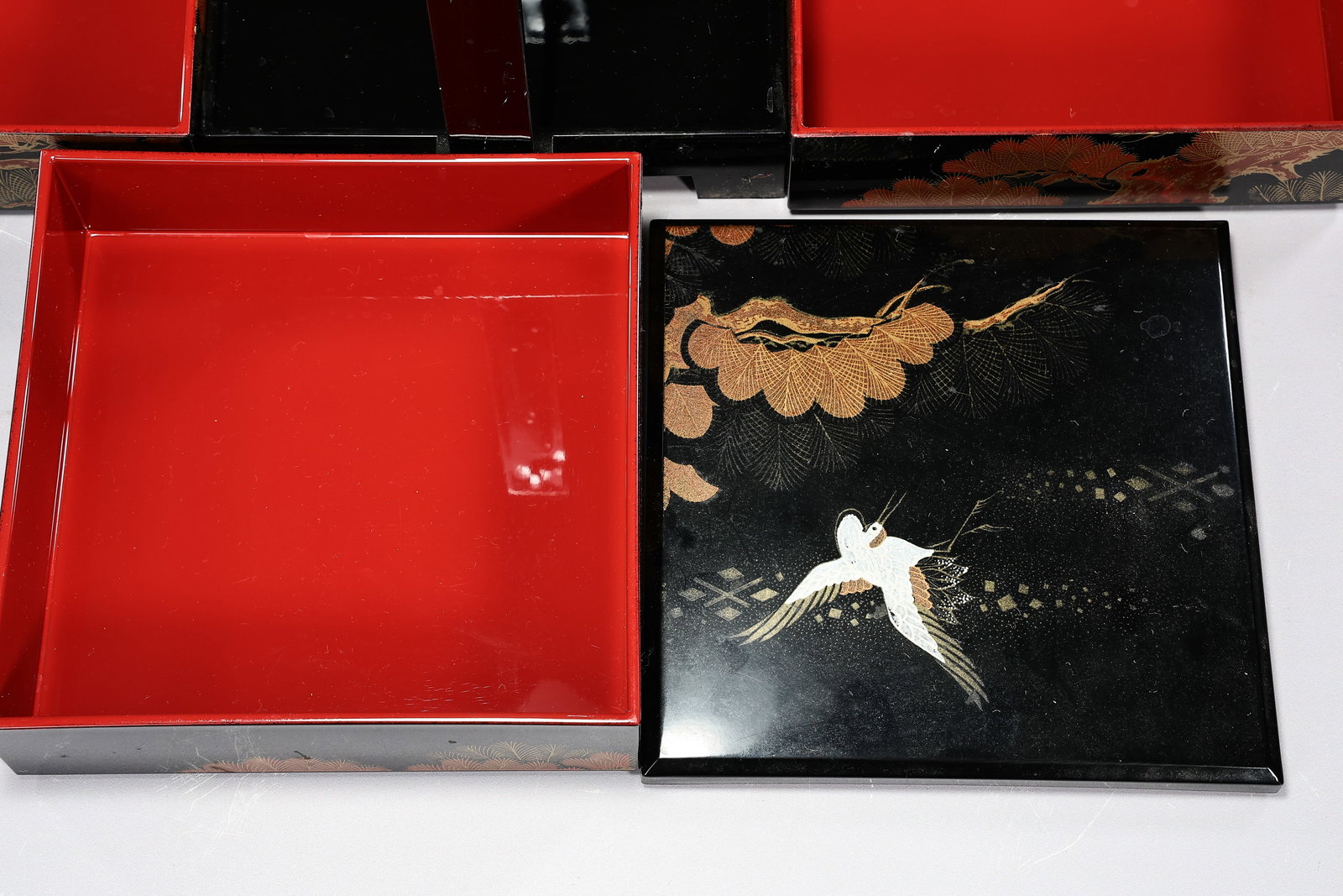 Collection Of Japanese Lacquer Boxes With Hand Painted Bamboo Vase - 7