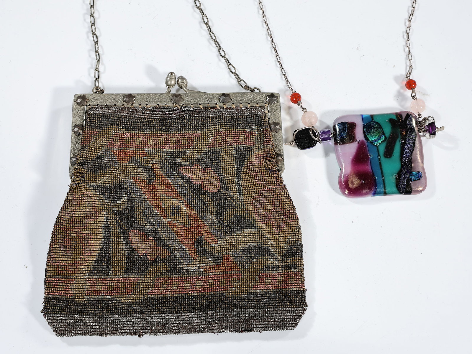 Vintage Glass Beaded Purse And Art Glass Necklace - 2