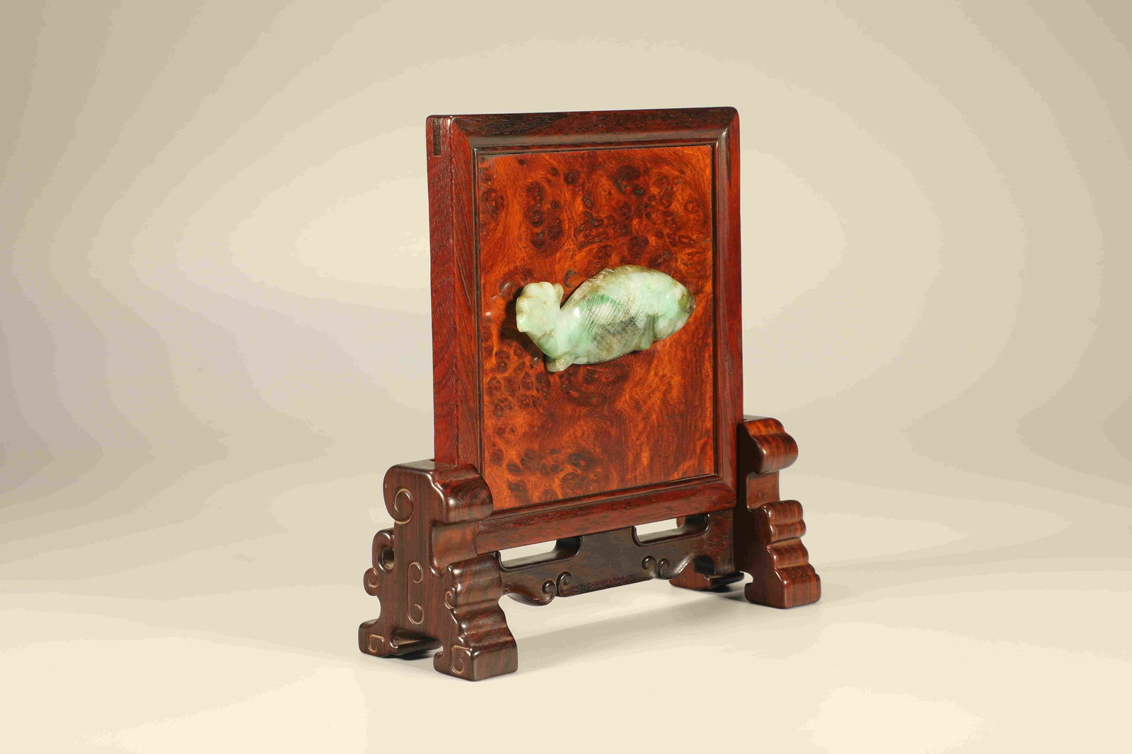 Huanghuali Wood Inlaid Cherry Wood and Jadeite Carved Fish Pattern Table Plaque - 2