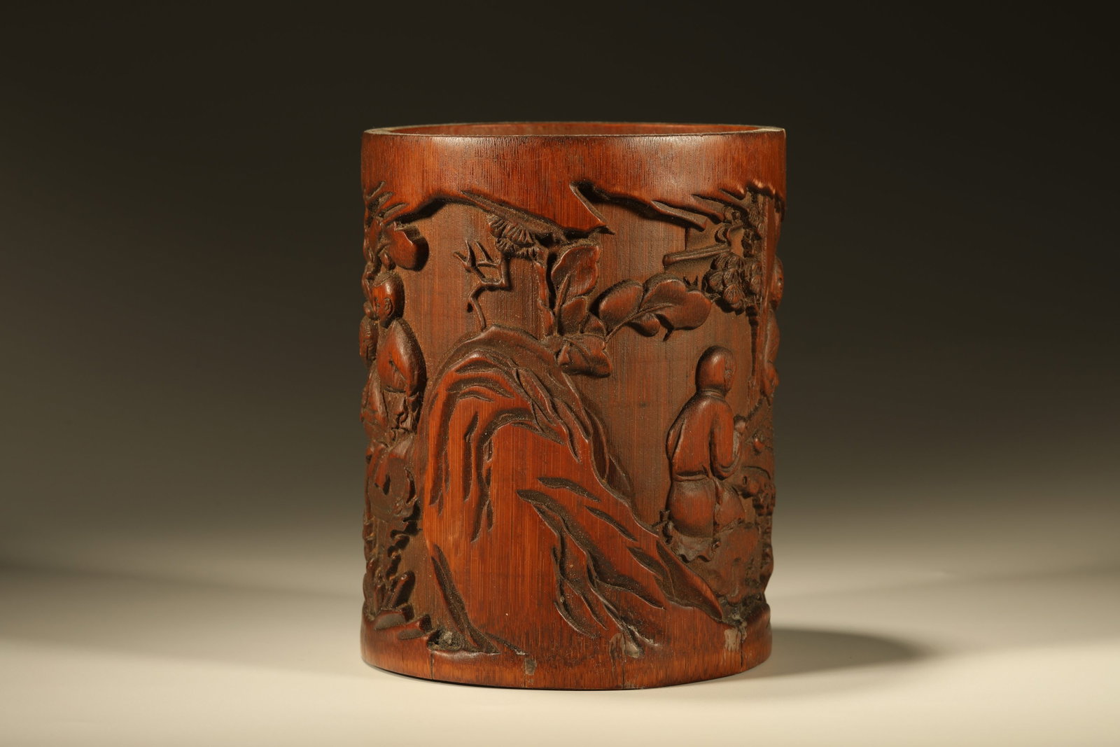 Bamboo Carved Playing Children Pattern Brush Pot - 2