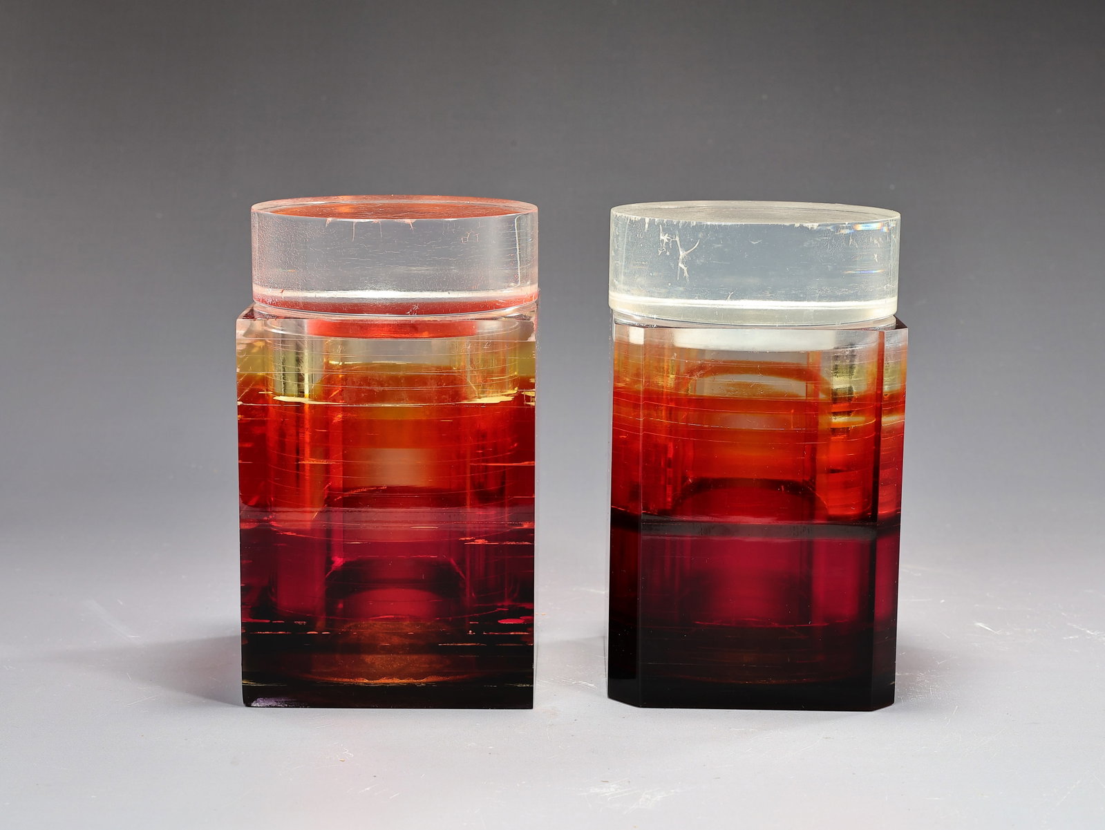 Pair Of Mid Century Red And Clear Lucite Jar With Lid (1 of 7)