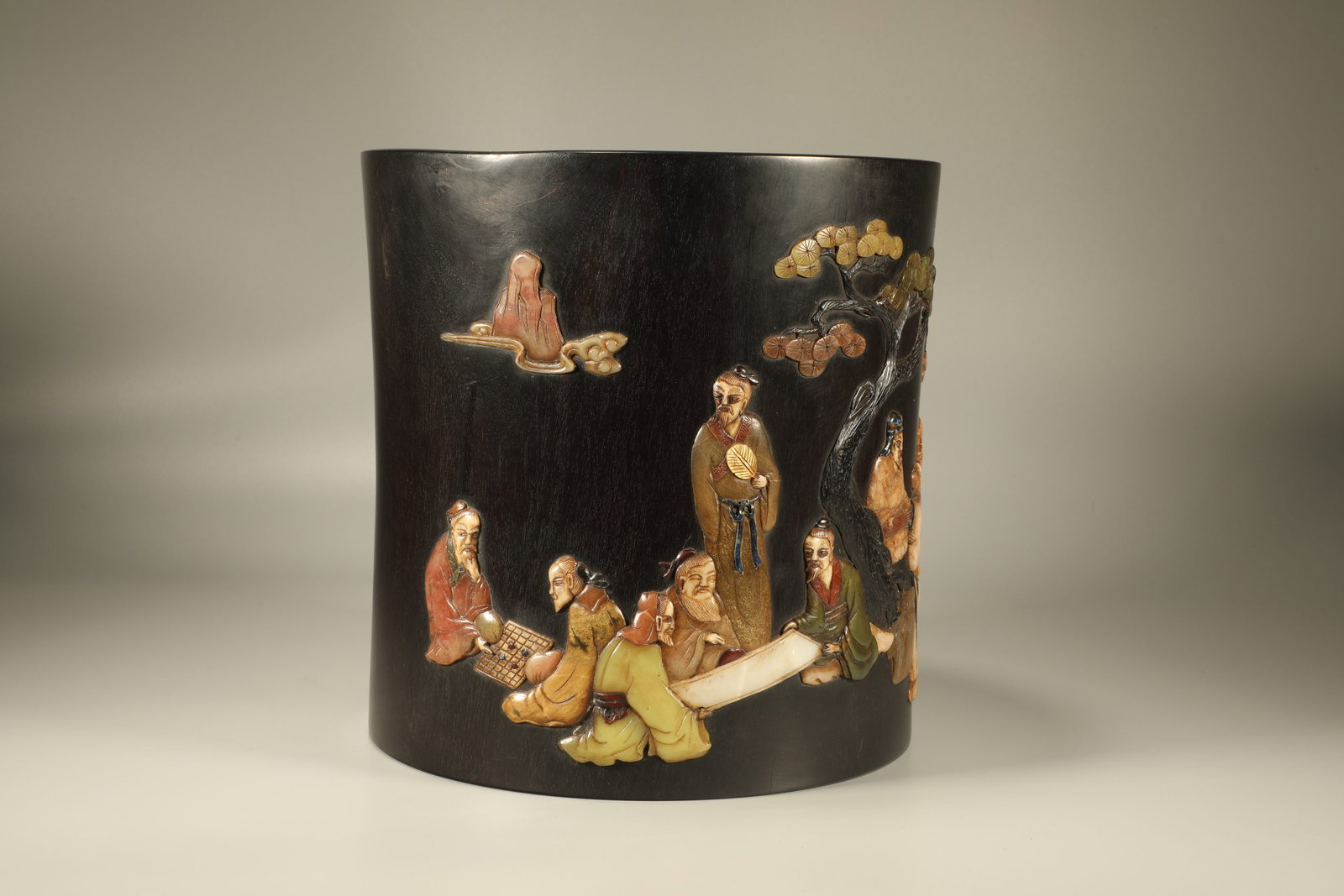 Red Sandalwood Inlaid Multi GemStone Carved Character Story and Poetry Pattern Brush Pot: Red Sandalwood Inlaid Multi GemStone Carved Character Story and Poetry Pattern Brush Pot (24.5 x 24cm)