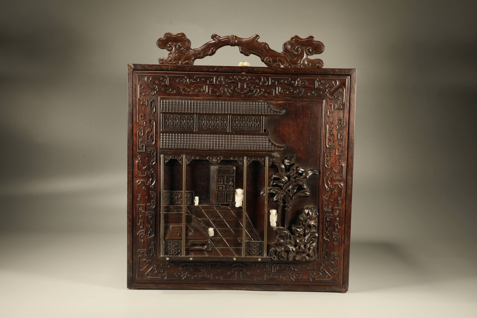 Huanghuali Wood Inlaid Red Sandalwood and Jade Carved Landscape and Children Pattern Box: Huanghuali Wood Inlaid Red Sandalwood and Jade Carved Landscape and Children Pattern Box (37 x 27 x 43cm)