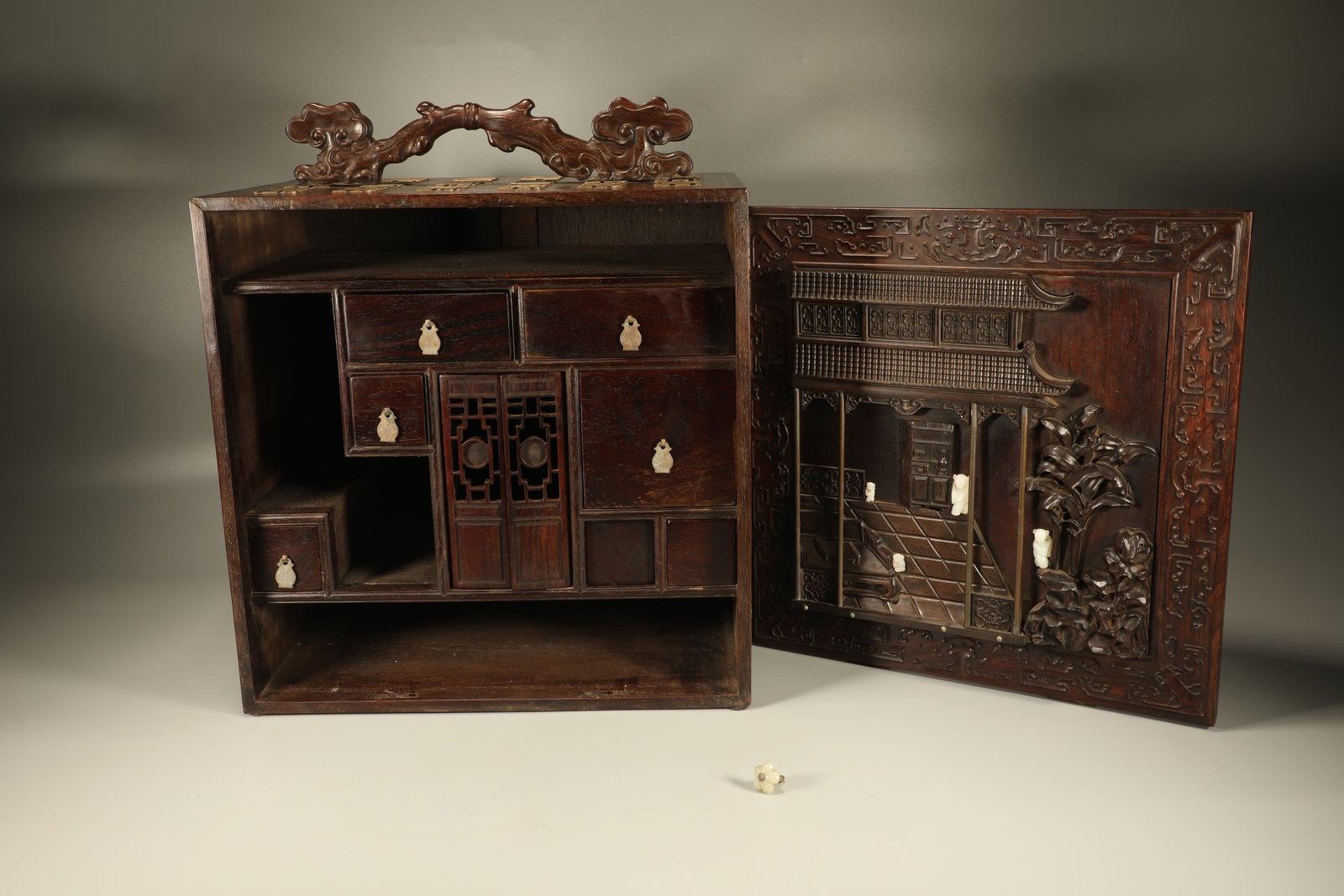 Huanghuali Wood Inlaid Red Sandalwood and Jade Carved Landscape and Children Pattern Box - 3