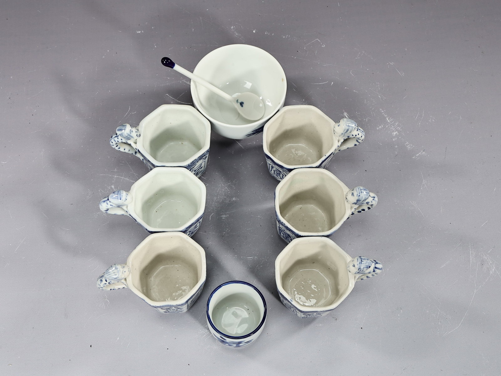 Set Of 6 Porcelain Blue And White Dragon Tea Cups And 1970s JAL Japan Airlines Bowl - 7