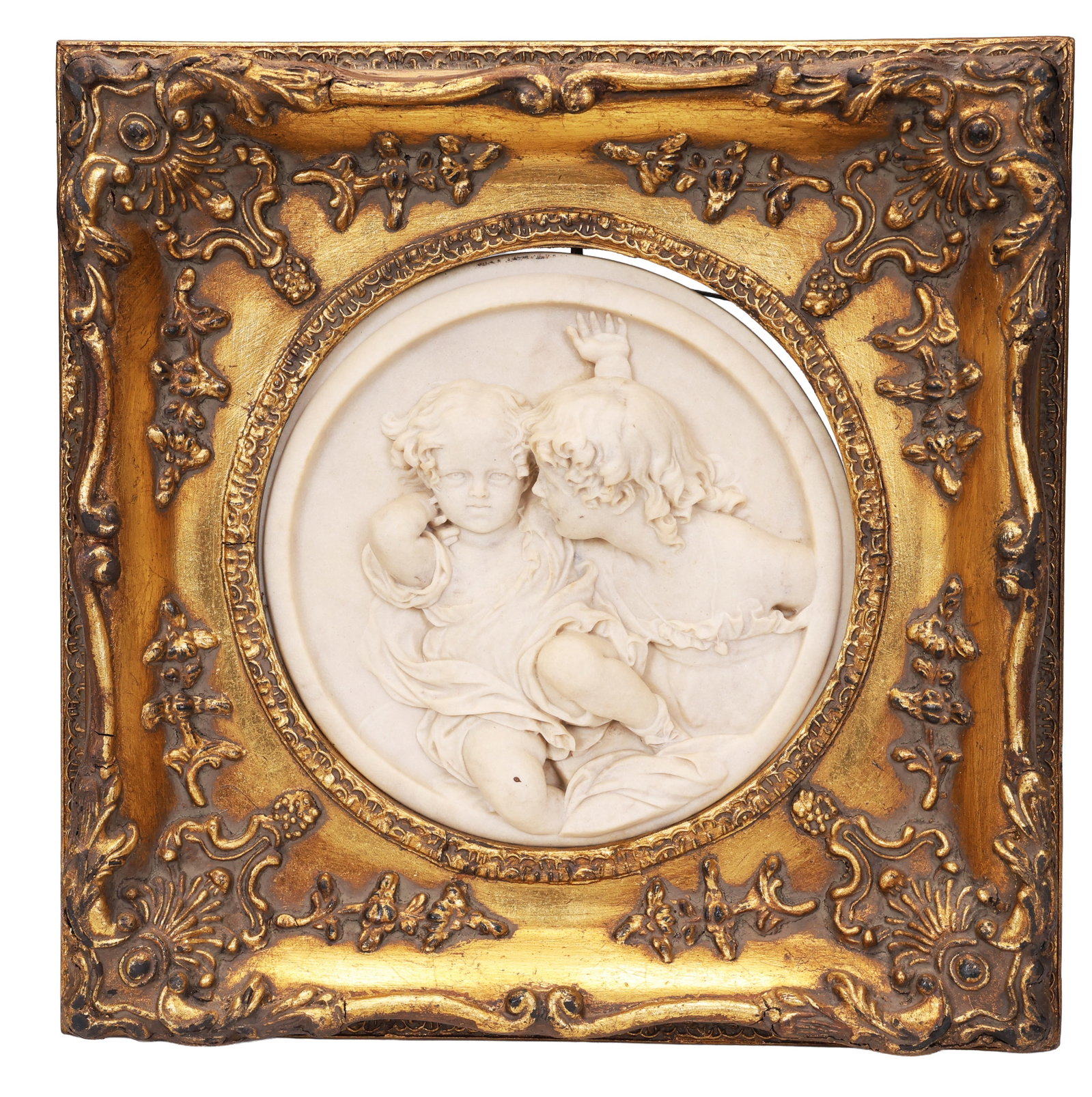 Circular Relief Marble Plaques Of Children Edward William Wyon: Circular Relief Marble Plaques Of Children Edward William Wyon (31 x 28 x 5 cm Including Wood Frame)