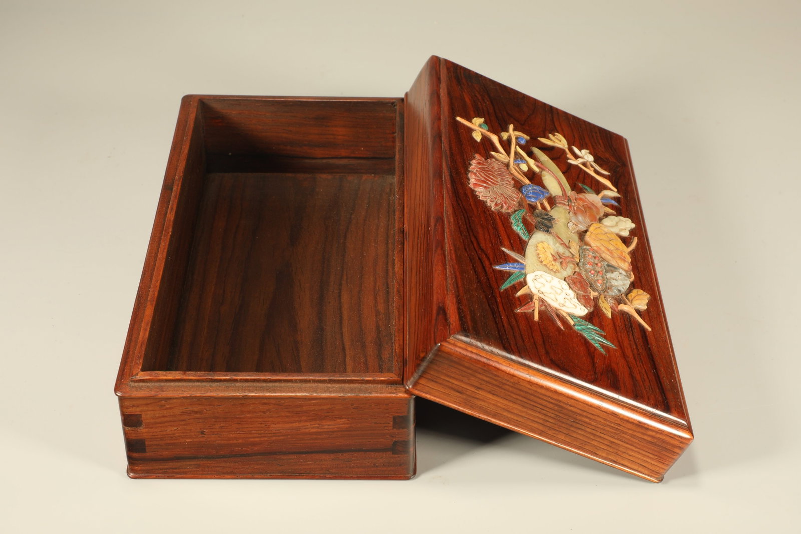 Huanghuali Wood Inlaid Multi GemStone Carved Flower Pattern Lid Box: Huanghuali Wood Inlaid Multi GemStone Carved Flower Pattern Lid Box (22 x 12 x 8cm)