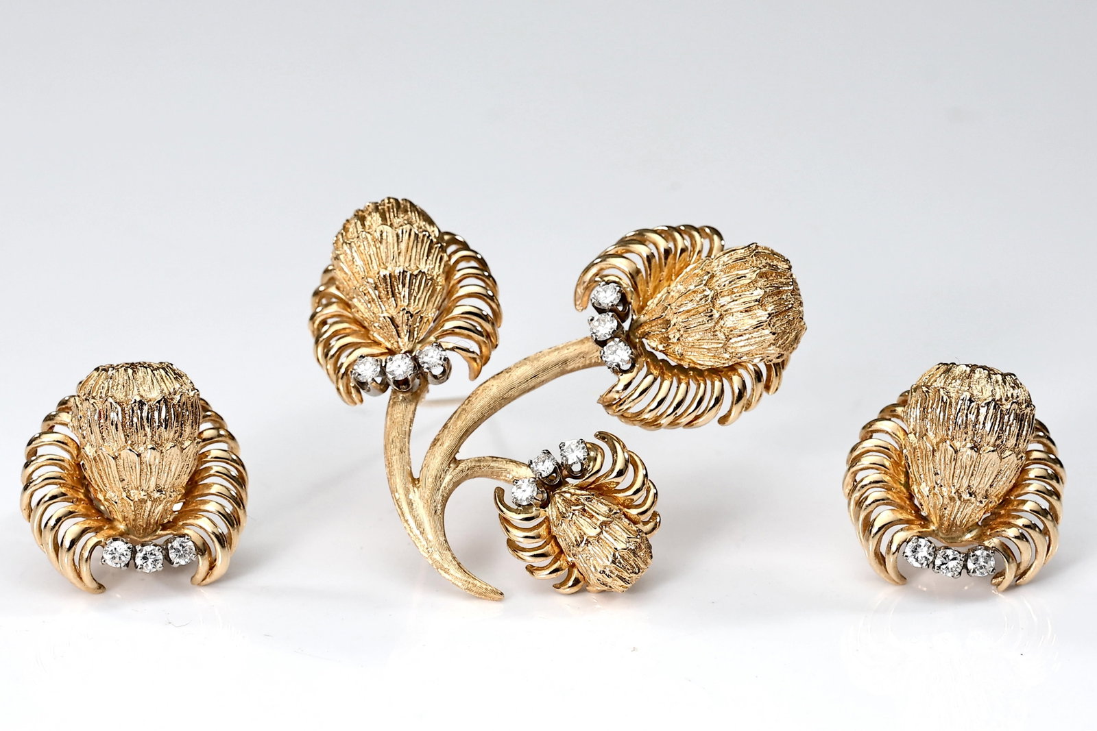 Floral With Diamond 14k Yellow Gold Brooch And Earrings (1 of 9)