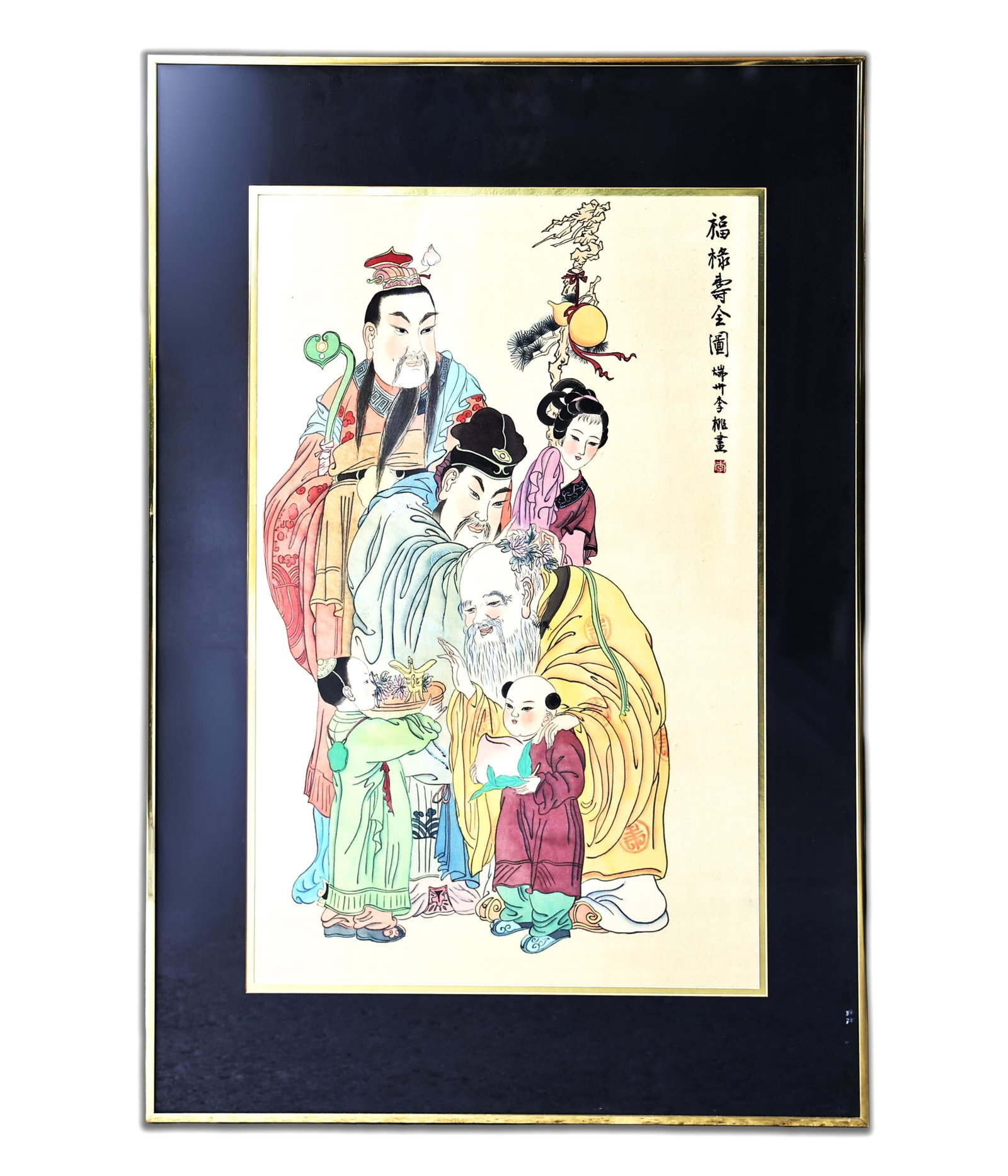 Chinese Fu, Lu, Shou On Silk Painting (1 of 4)