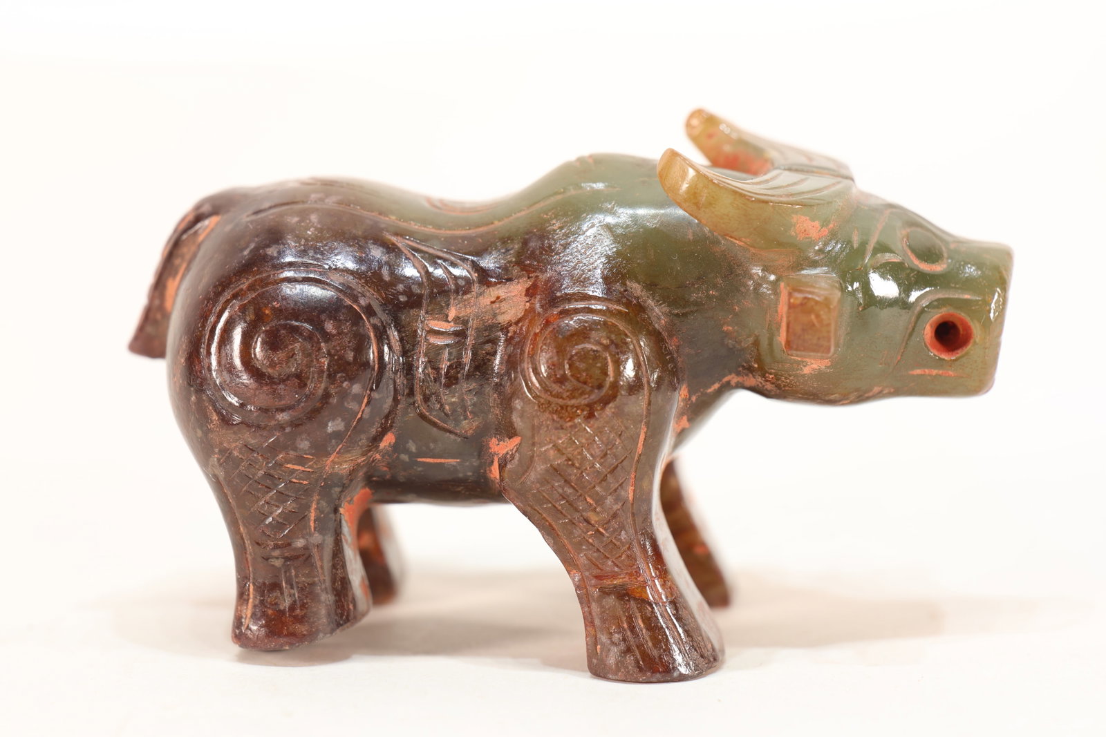 Jade Carved Beast Face Pattern Ox Shape Ornament: Jade Carved Beast Face Pattern Ox Shape Ornament (8.5 x 5 x 4cm)