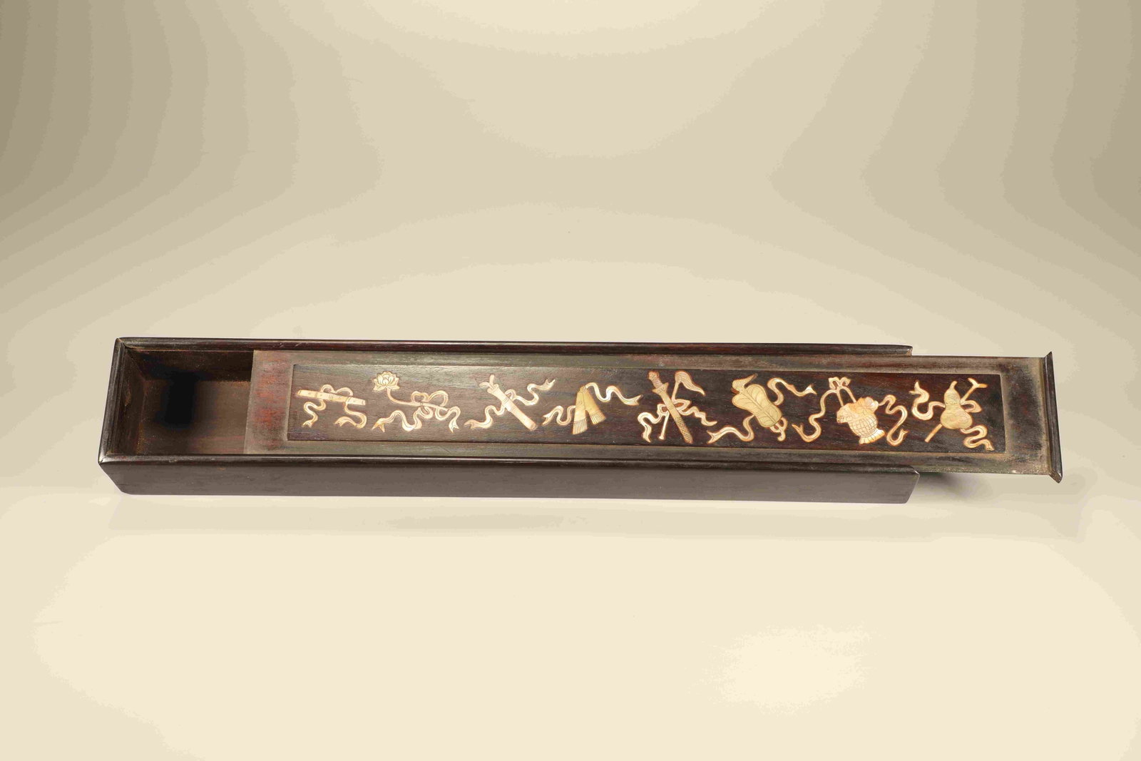 Red Sandalwood Inlaid Mother of Pearl Carved Eight Treasure Pattern Lid Box: Red Sandalwood Inlaid Mother of Pearl Carved Eight Treasure Pattern Lid Box (37 x 6.5 x 4.5cm)