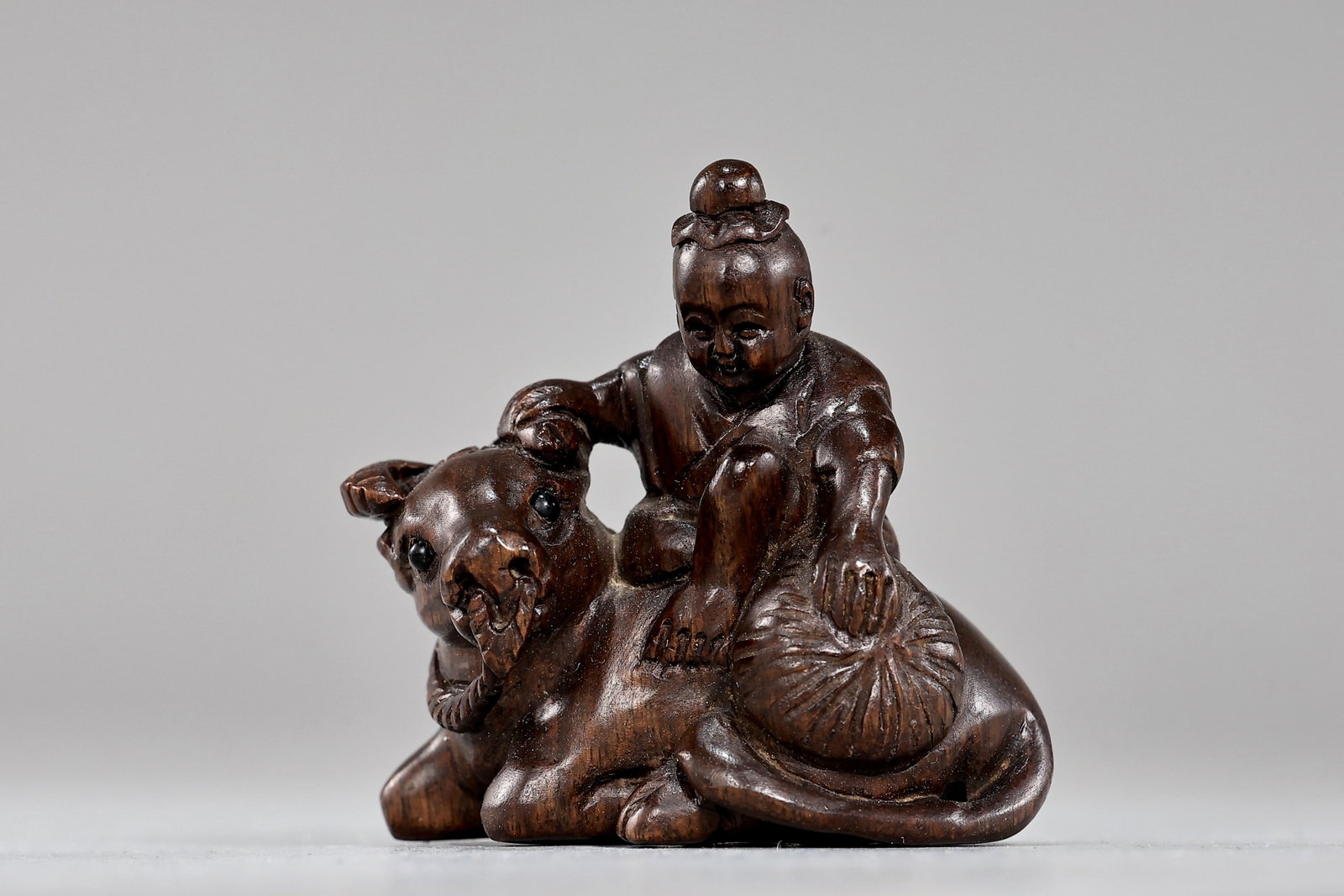 Japanese Wood Carved Boy Herding Riding On Buffalo Netsuke (1 of 6)