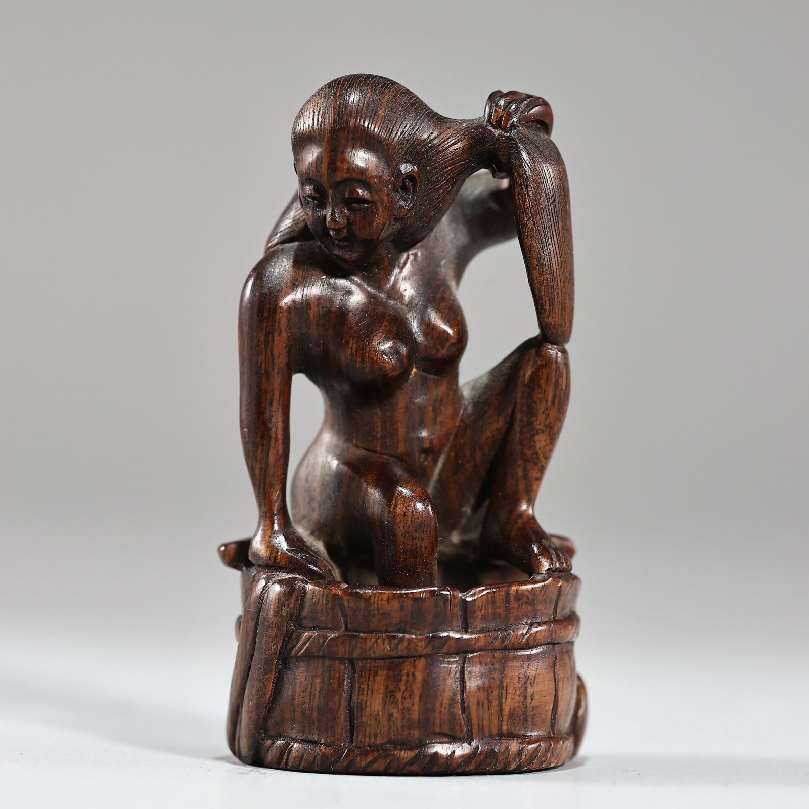 Japanese Wood Carved Woman Bath Figurine Netsuke (1 of 7)