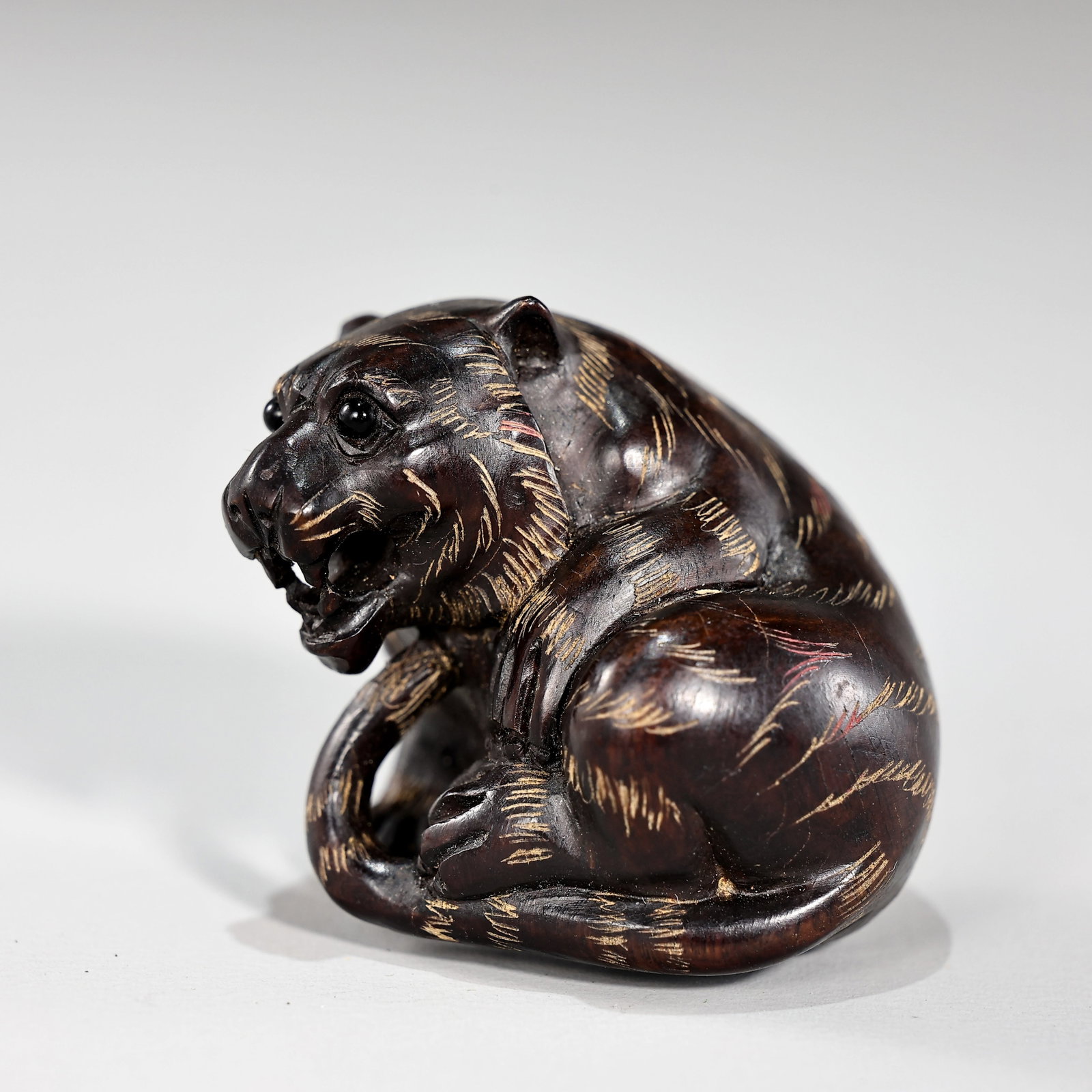 Japanese Wood Carved Tiger Figurine Netsuke (1 of 5)