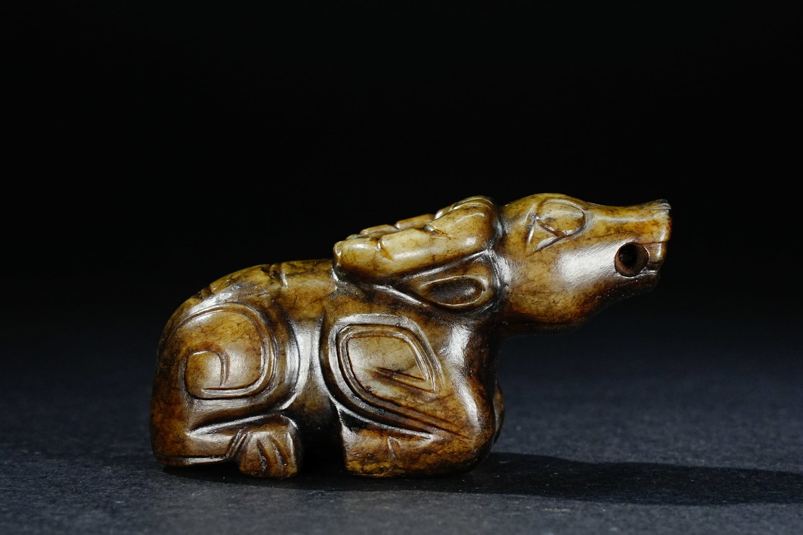 Jade Carved Beast Face Pattern Ox Shape Ornament: Jade Carved Beast Face Pattern Ox Shape Ornament (5.8 x 2.3 x 2.7cm)