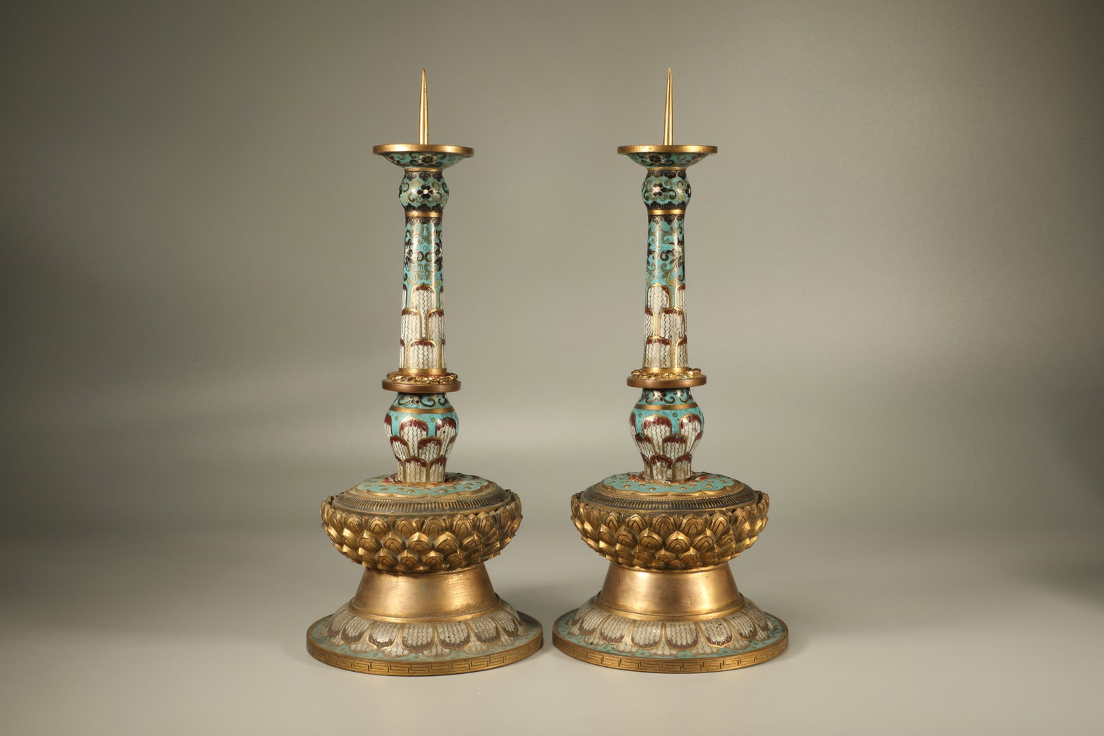Pair of Bronze Cloisonne Carved Lotus Flower Pattern Candlestick: Pair of Bronze Cloisonne Carved Lotus Flower Pattern Candlestick (34 x 14cm)