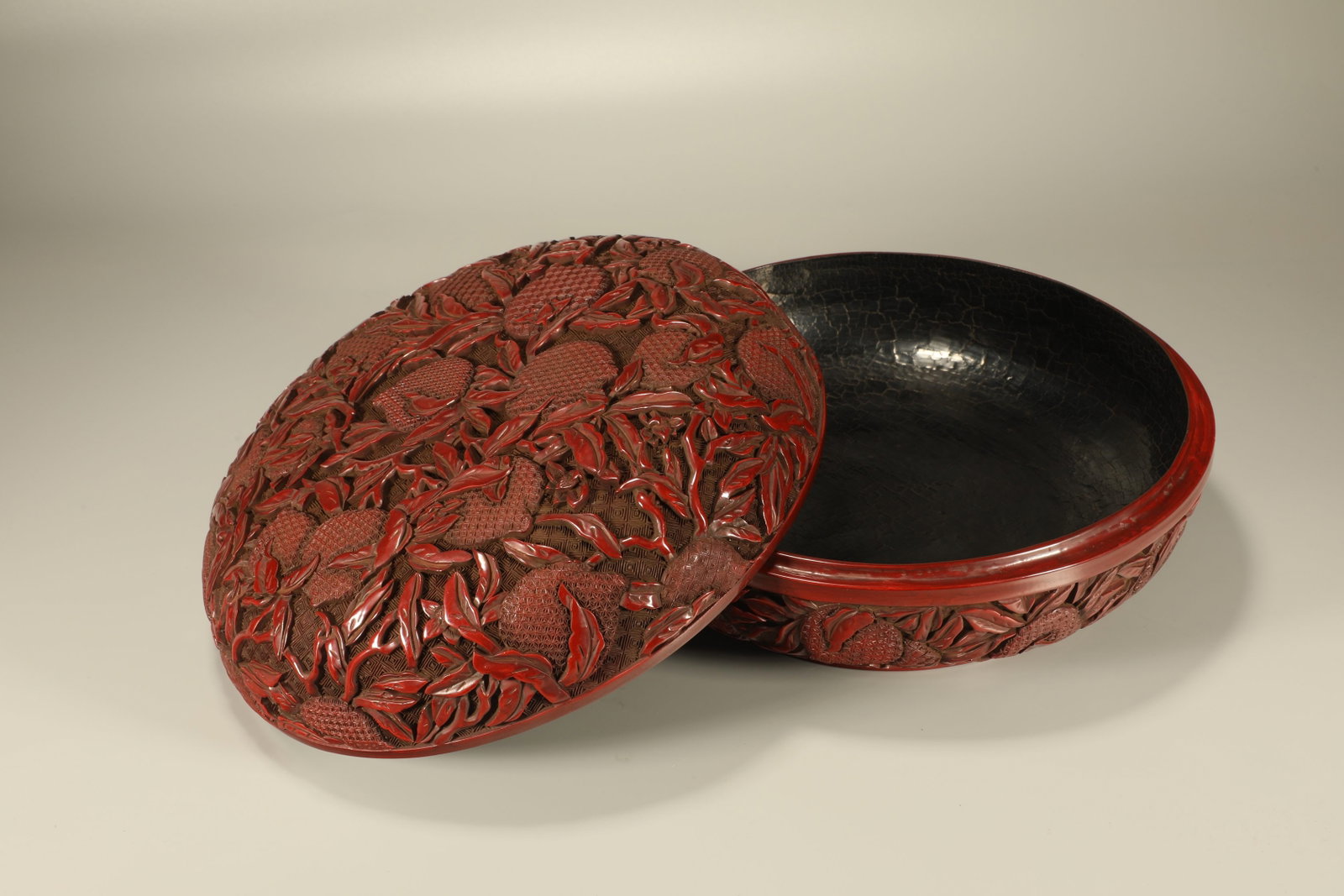 Lacquerware Red Carved Peach Pattern Lid Box: Lacquerware Red Carved Peach Pattern Lid Box (27 x 14.3cm)