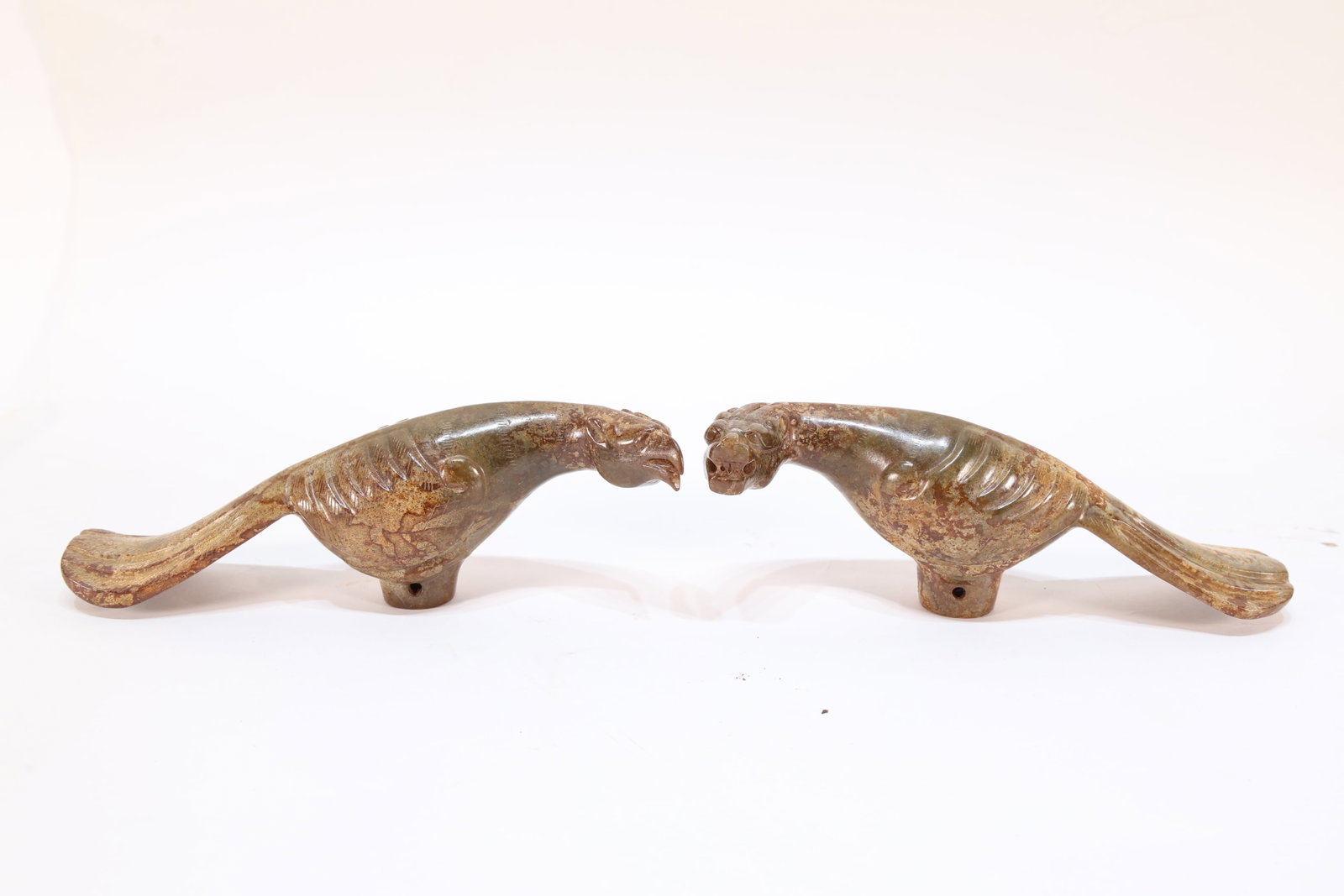 Pair of Jade Carved Bird and Beast Shape Ornament: Pair of Jade Carved Bird and Beast Shape Ornament (15 x 5 x 3.5cm,14.5 x 5 x 3.5cm)