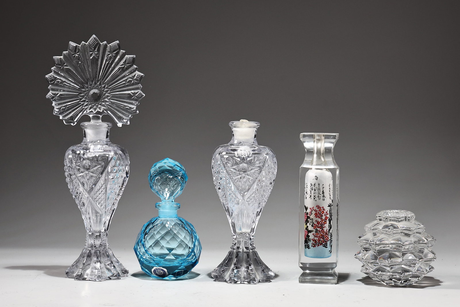 Assorted Crystal Glass Bottles And Candle Holder: Assorted Crystal Glass Bottles And Candle Holder (About 24 x 9.5 x 6 cm more or less)