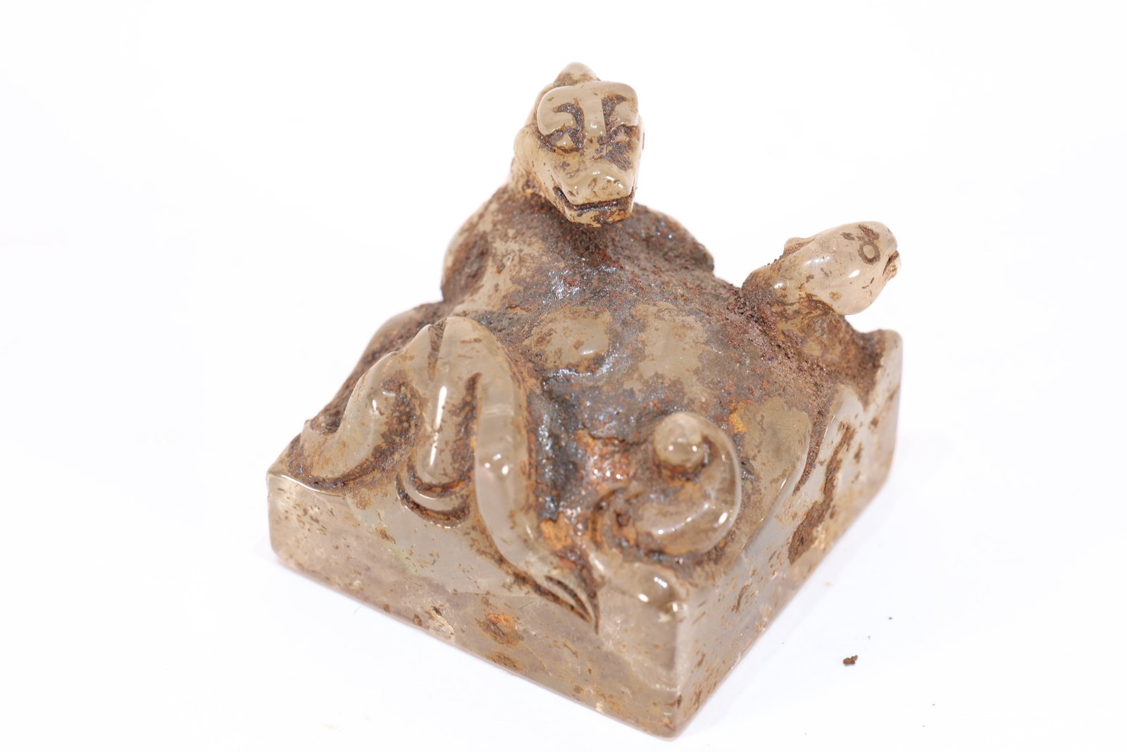 White Crystal Carved Chi Dragon Shape Stone Seal: White Crystal Carved Chi Dragon Shape Stone Seal (5.5 x 5.3cm)
