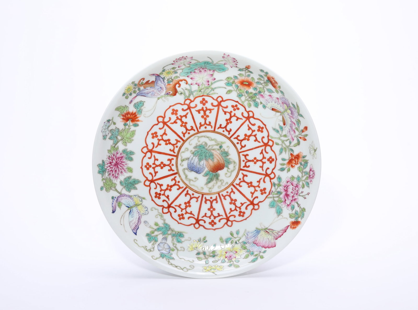 A Famille-Rose ‘Butterflies Among Flowers’ Dish: A Famille-Rose ‘Butterflies Among Flowers’ Dish Dimensions: Width: 21 cm x Height: 3.8 cm. All measurements are approximate.