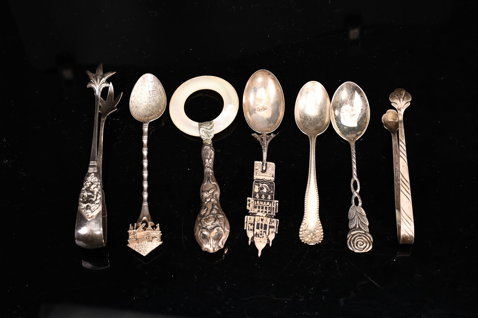 Collection Of Sterling Silver Souvenir Spoons, Tongs, Baby Rattle (1 of 8)