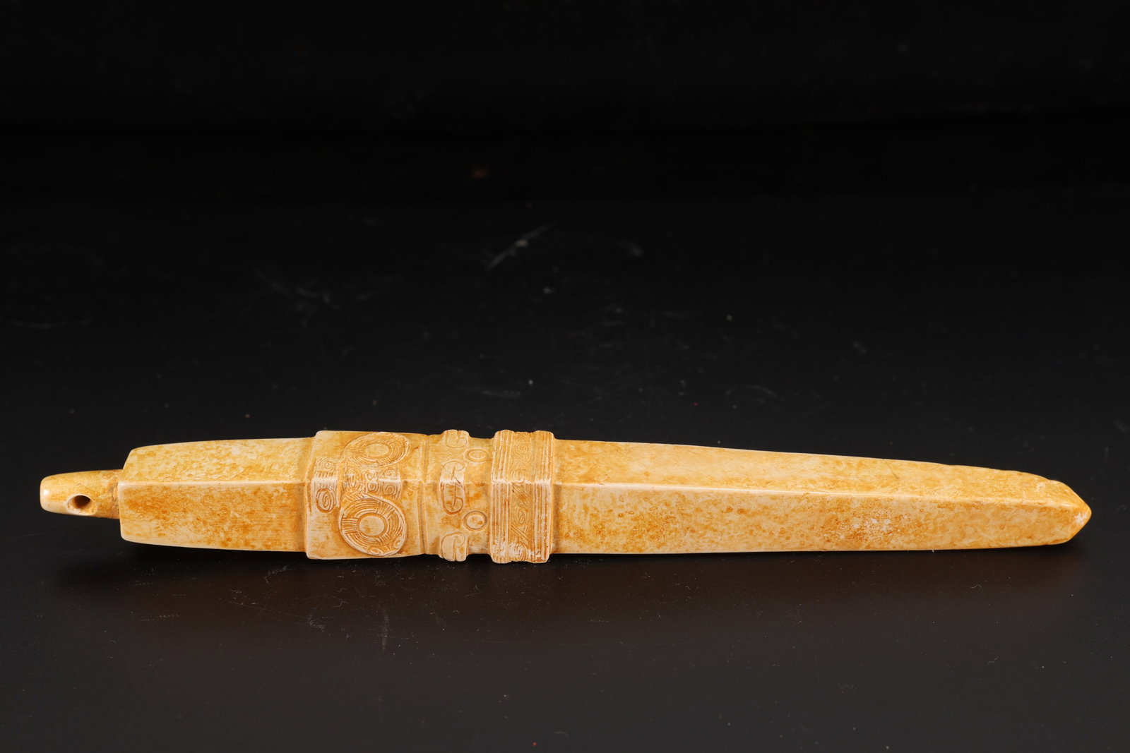 Liangzhu Jade Carved Beast Face Pattern Stick: Liangzhu Jade Carved Beast Face Pattern Stick (17.3 x 1.8cm)