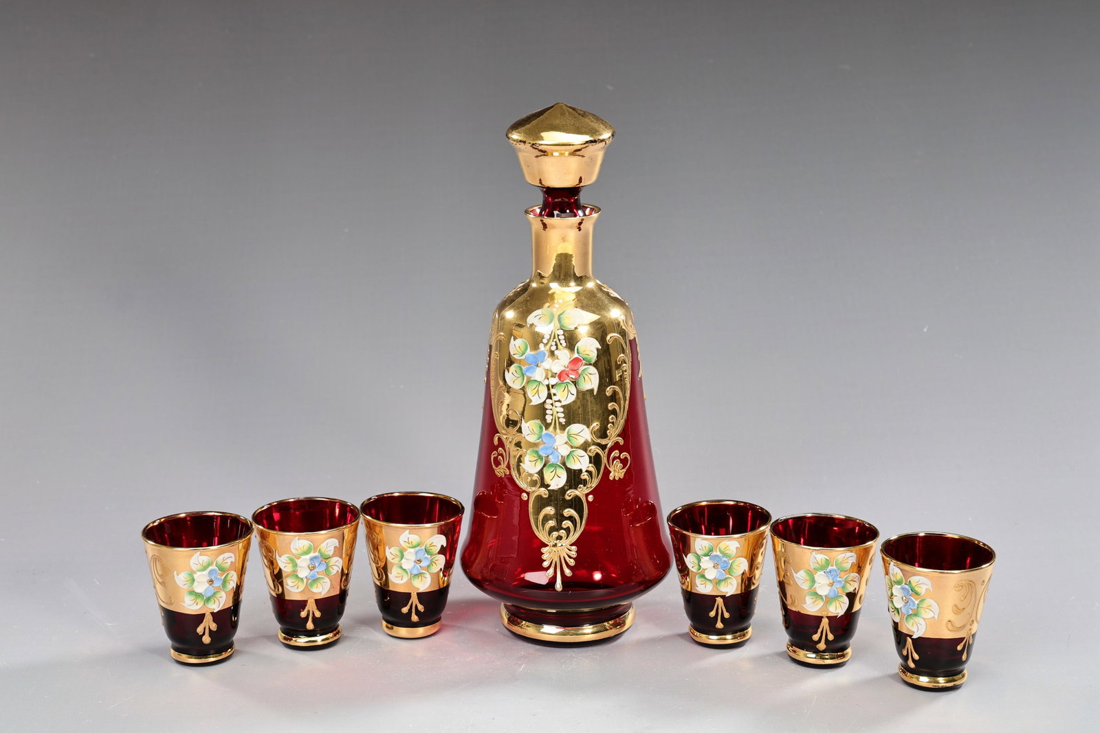 Italian Murano Gilt Red Glass Decanter With 6 Goblets Set (1 of 9)