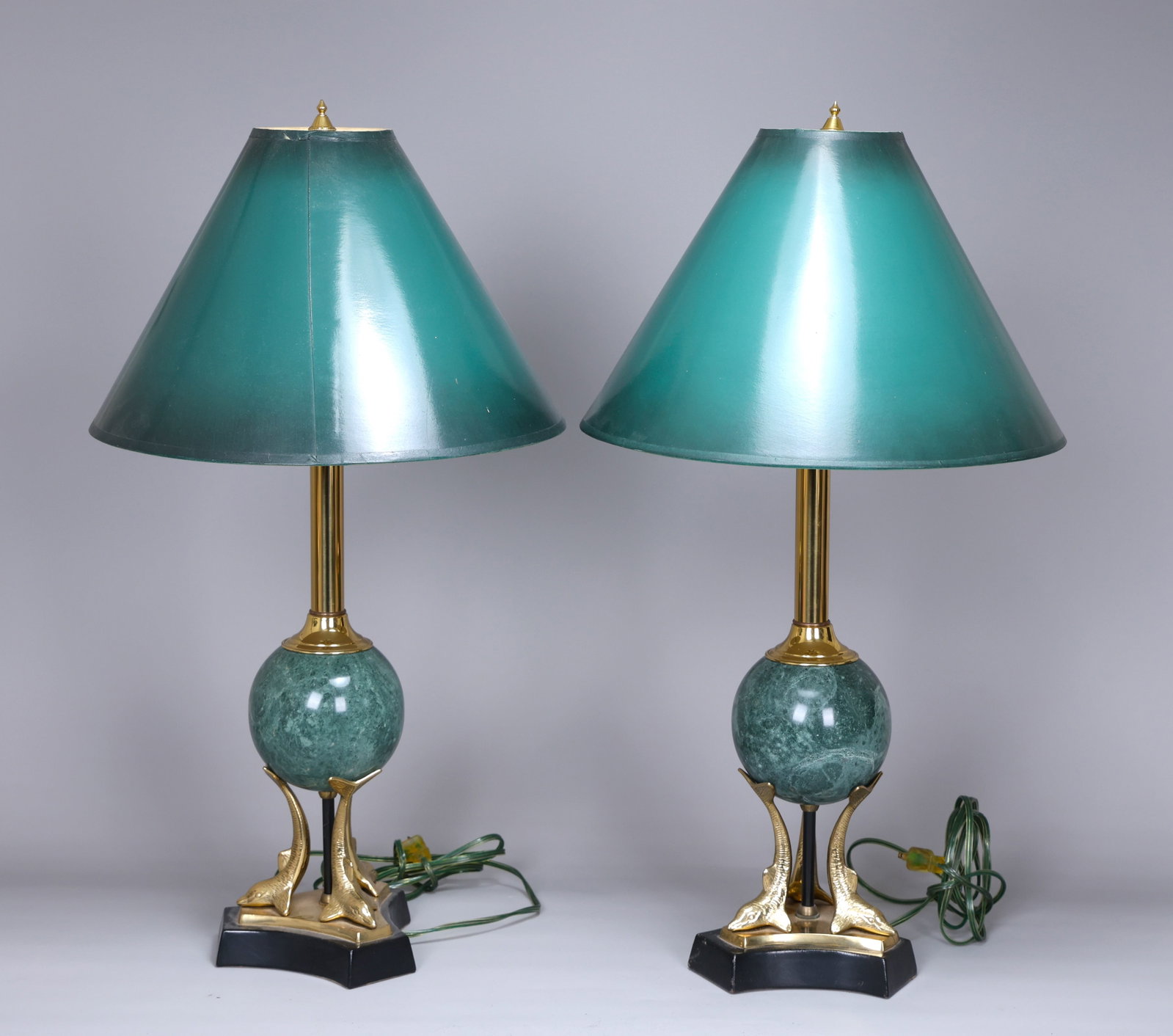 Pair of Brass Marble And Trio Dolphin Table Lamp With Shade: Pair of Brass Marble And Trio Dolphin Table Lamp With Shade (66 x 16 cm each with shade )