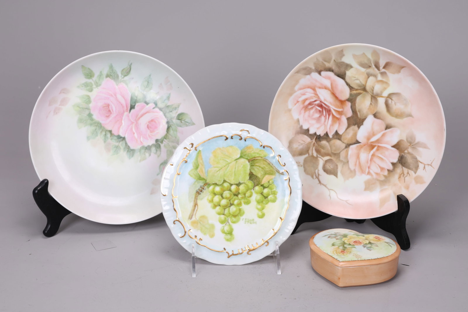 Group of Hand Painted Flower Plates And Trinket: Group of Hand Painted Flower Plates And Trinket (20 x 4 cm more or less)