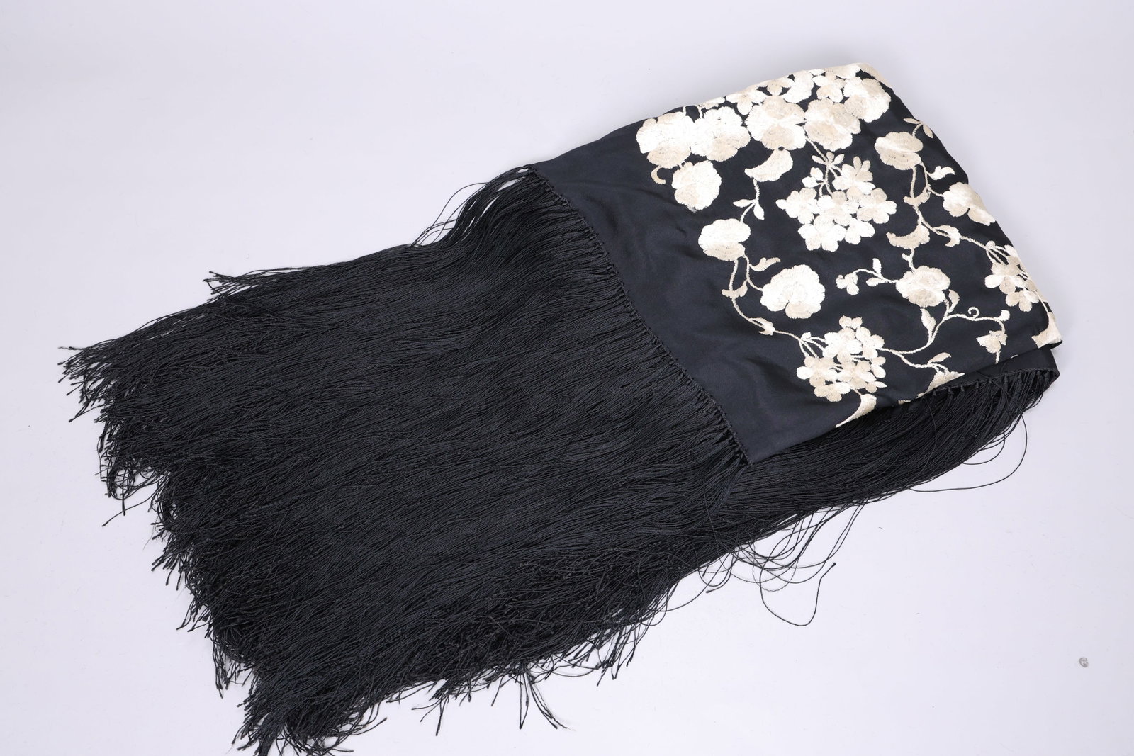 Pale Ivory Floral On Black Embroidered Silk Piano Shawl: Pale Ivory Floral On Black Embroidered Silk Piano Shawl (124 x 116 cm silk interior with 53 cm fringe)